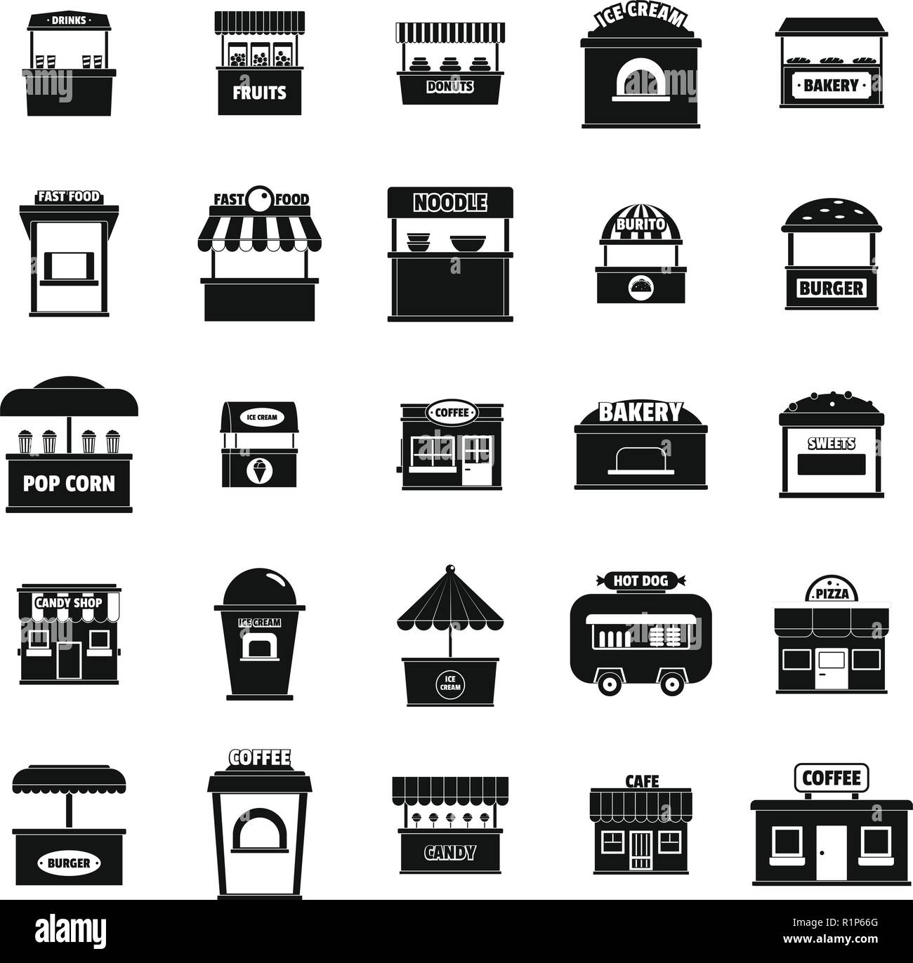 Street Food kiosk Symbole gesetzt. Einfache Abbildung: 25 Street Food kiosk Vector Icons für Web Stock Vektor