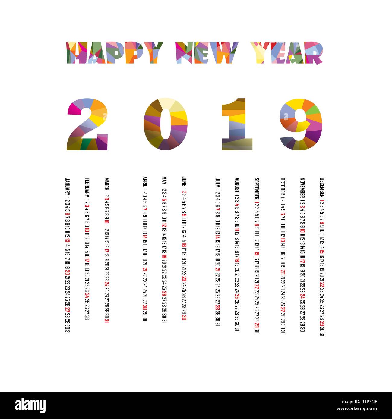 2019 Vorlage Kalender. Kalender 2019 12 Monate. Kalender vektor design Briefpapier Vorlage. Vector Illustration. Stock Vektor