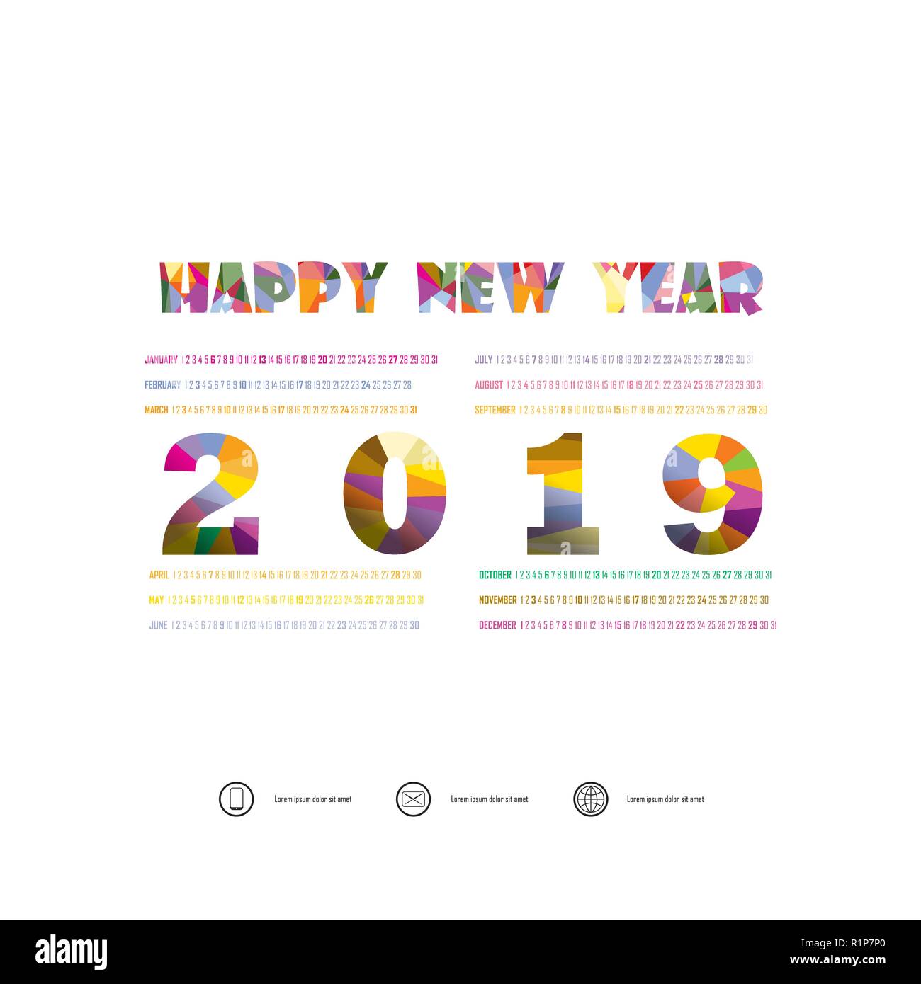 2019 Vorlage Kalender. Kalender 2019 12 Monate. Kalender vektor design Briefpapier Vorlage. Vector Illustration. Stock Vektor