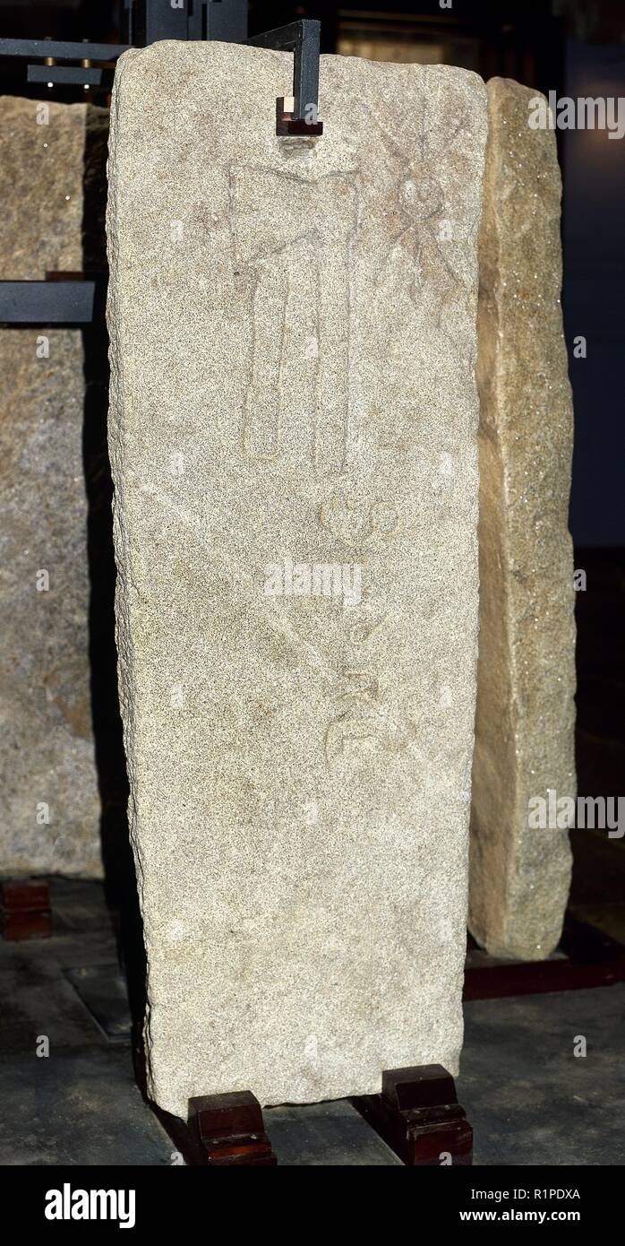 Großherzogliche Grabstein von der Gilde der Metzger. Kirche Santa Maria, aus dem 14. Jahrhundert. Noia, La Corun eine Provinz Galizien, Spanien. Stockfoto