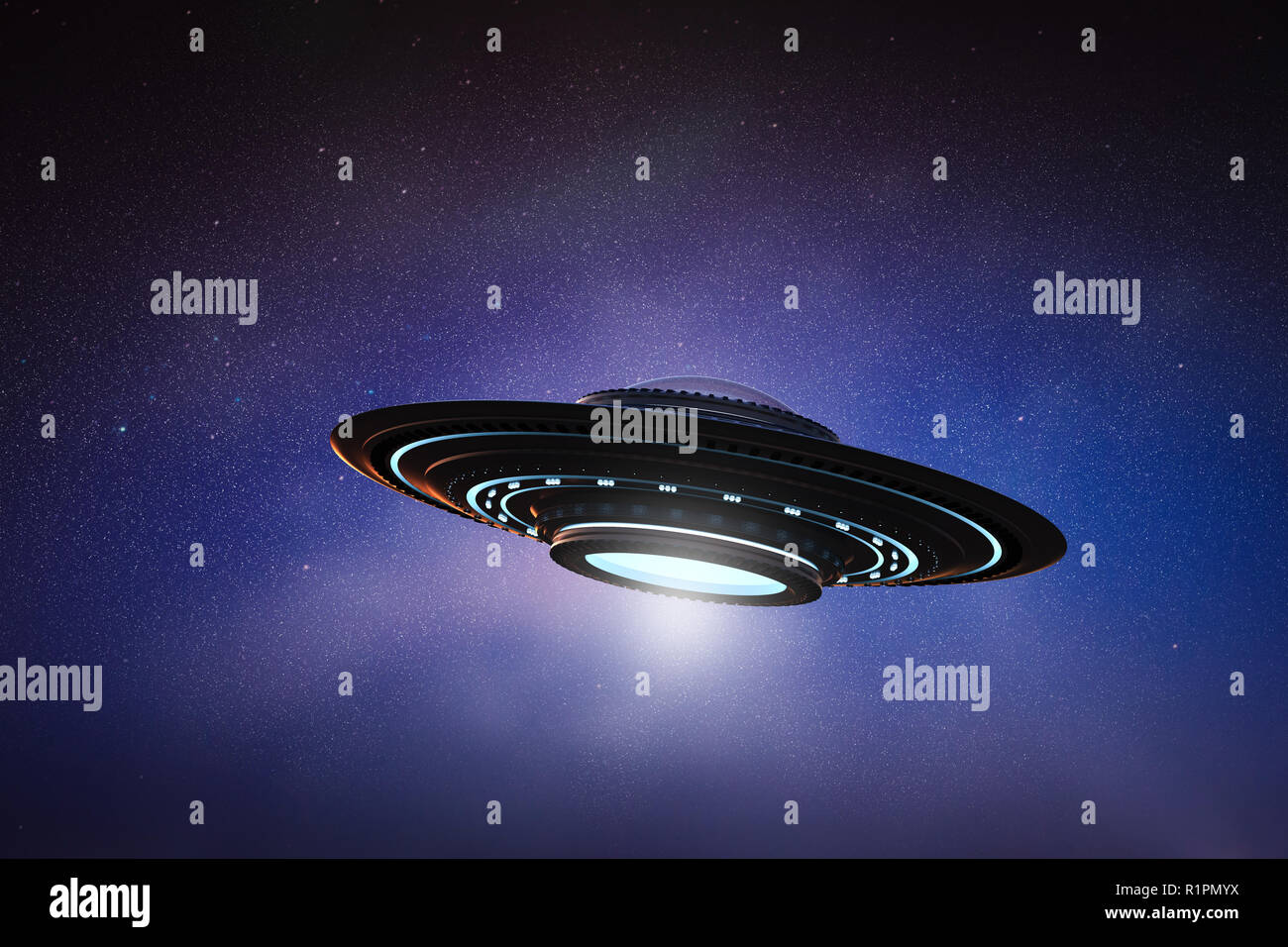 3D-rendering Metall Ufo oder außerirdisches Raumschiff auf Platz Stockfoto