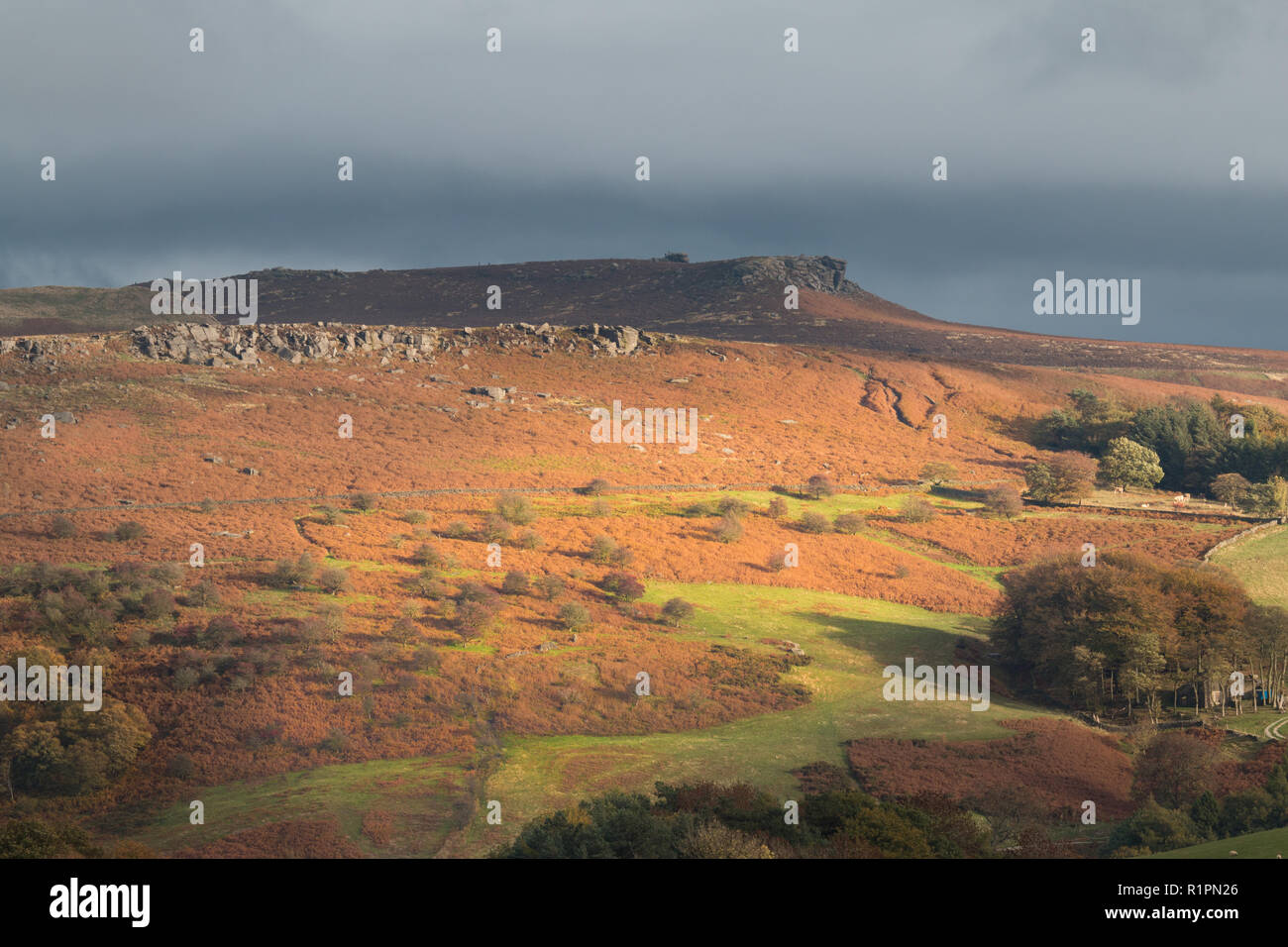 Herbstliche Abendlicht auf Peak District Landschaft mit Higgar Tor in der Ferne. Stockfoto