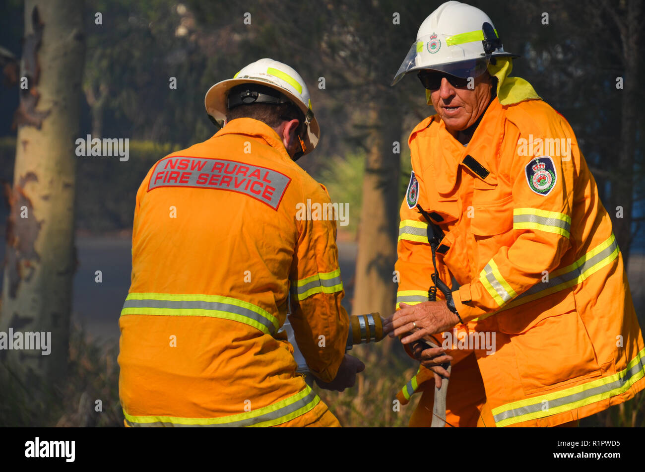 Freiwillige Feuerwehr von St Georges Basin ländliche Feuerwehr Arbeit den Schlauch an einem Fahrzeug Feuer an Jervis Bay, NSW, Australien - 12 Dez 2017 zu verbinden. Stockfoto