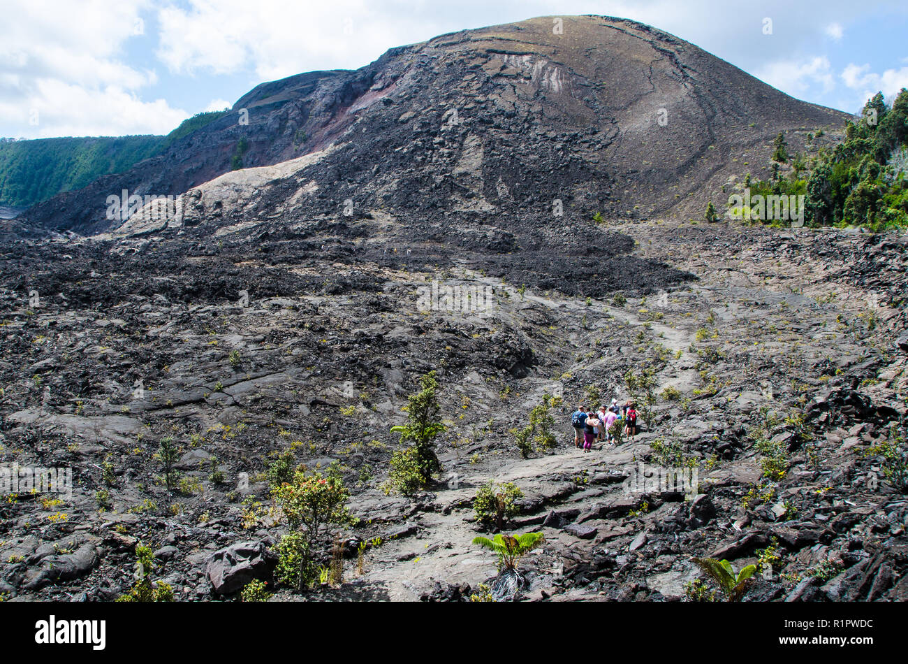 Eine Gruppe von Touristen wandern in Vulkankrater stoppen die karge Landschaft - im Volcano National Park, Big Island, Hawaii bewundern. Stockfoto