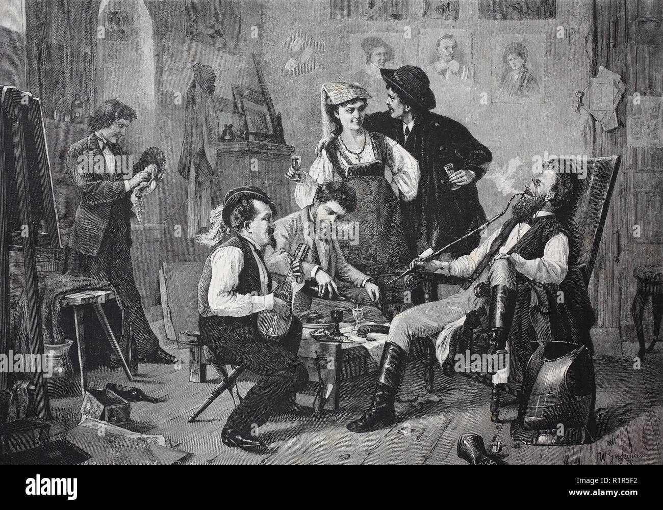 Digital verbesserte Reproduktion, nachdem die Arbeit Atmosphäre mit einer vornehmen Familie, mit House Musik, Wein und Tabak Pfeife, original Drucken aus dem Jahr 1880 Stockfoto