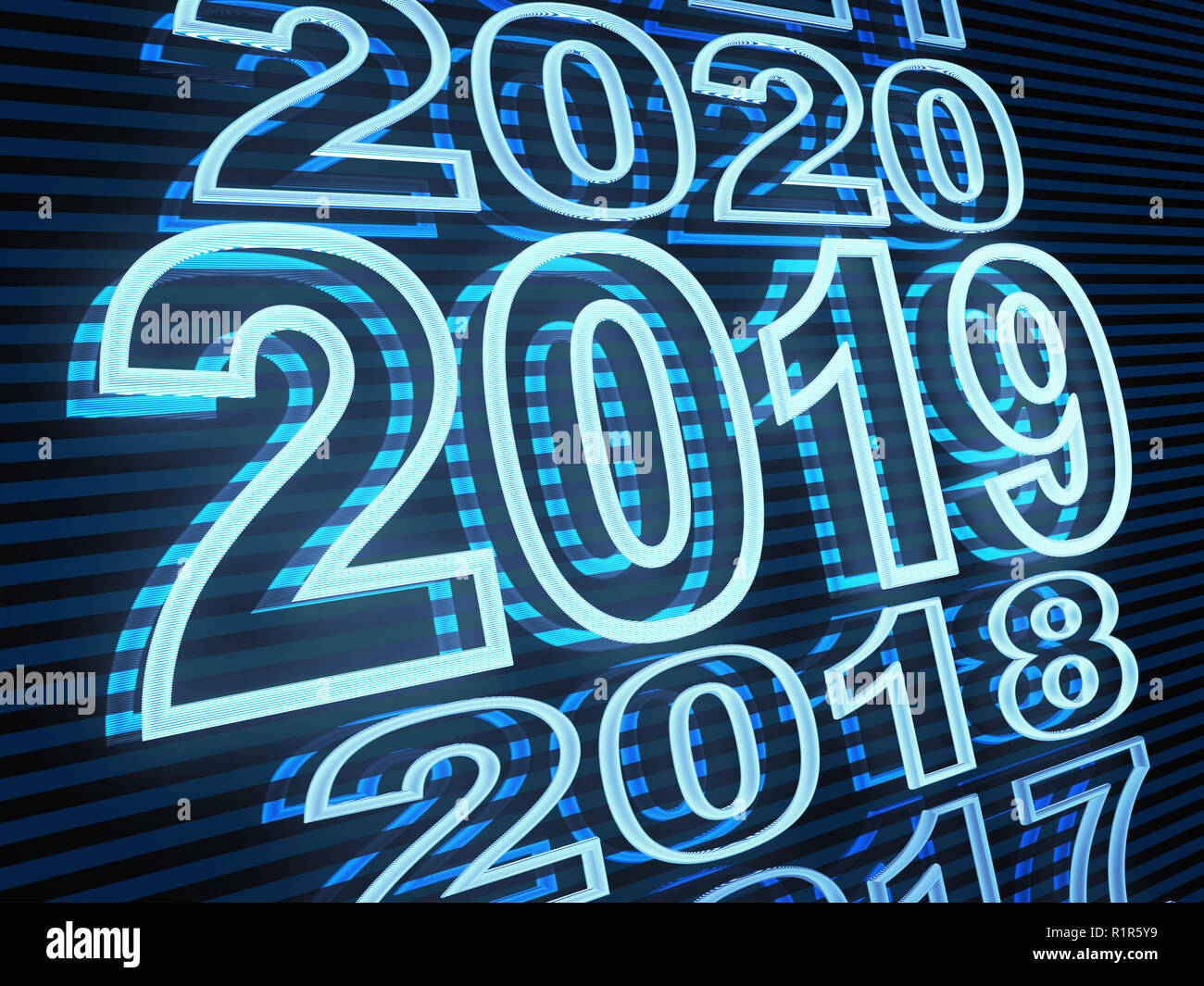 Neues Jahr Zeile Datum 2019, blaues Licht. 3D-Darstellung Stockfoto