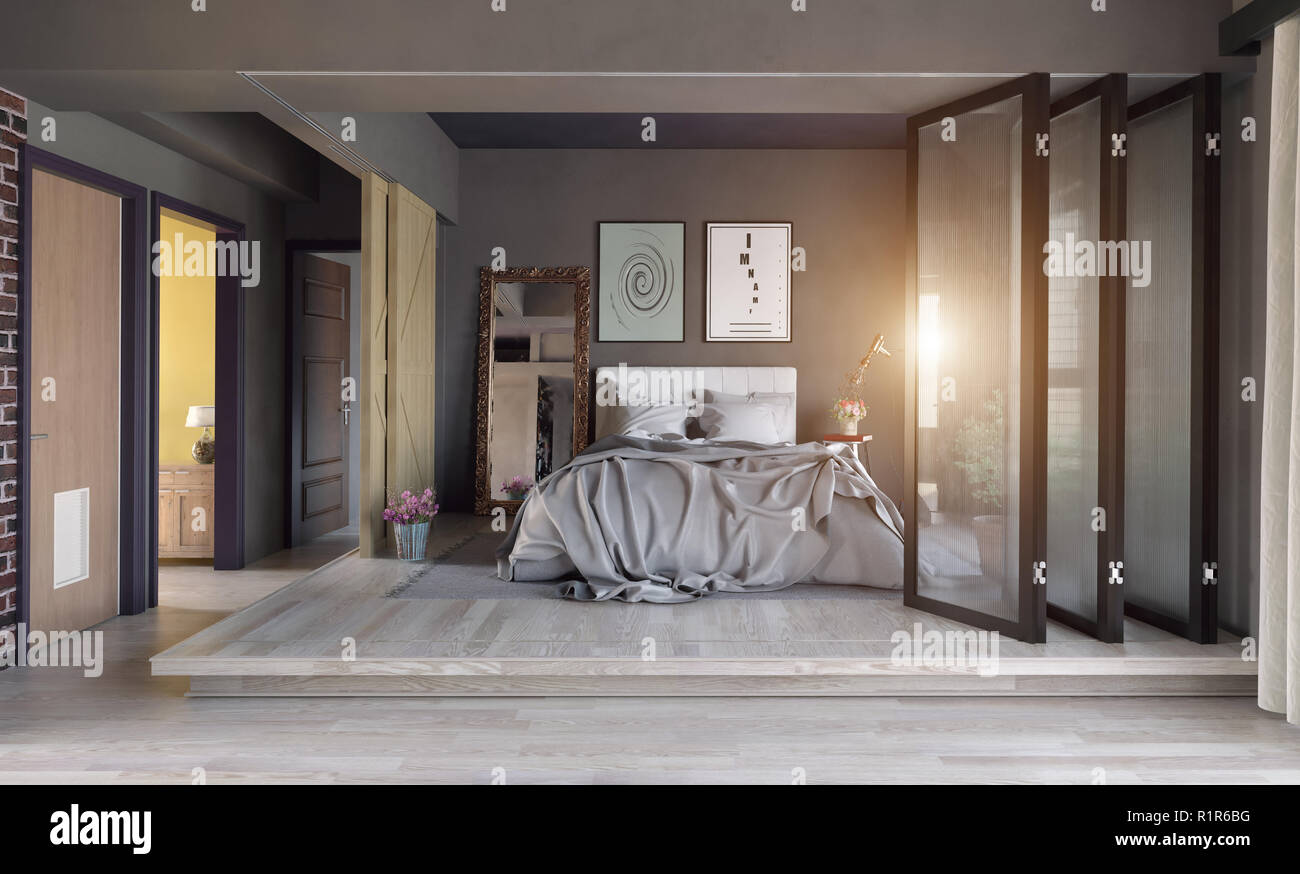 Modernes Schlafzimmer Innenbereich partition Konzept. 3D-Rendering Stockfoto