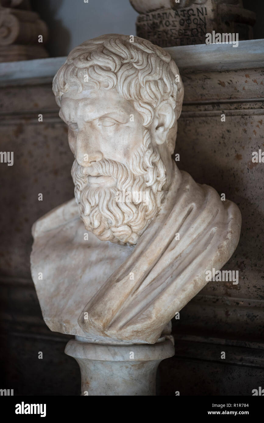 Rom. Italien. Portraitbüste von Epikur (341 - 270 v. Chr.) in der Halle des Philosophen, die Kapitolinischen Museen. Musei Capitolini. Marmor römische Kopie einer Gre Stockfoto