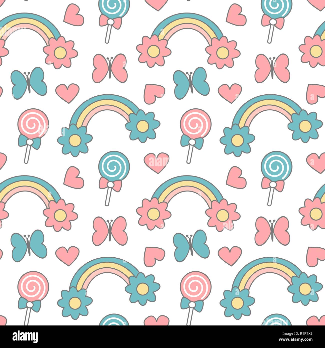 Cute cartoon Regenbogen mit Daisy Flowers, Lutscher, Herzen und Schmetterlinge nahtlose Muster vector hintergrund abbildung Stock Vektor