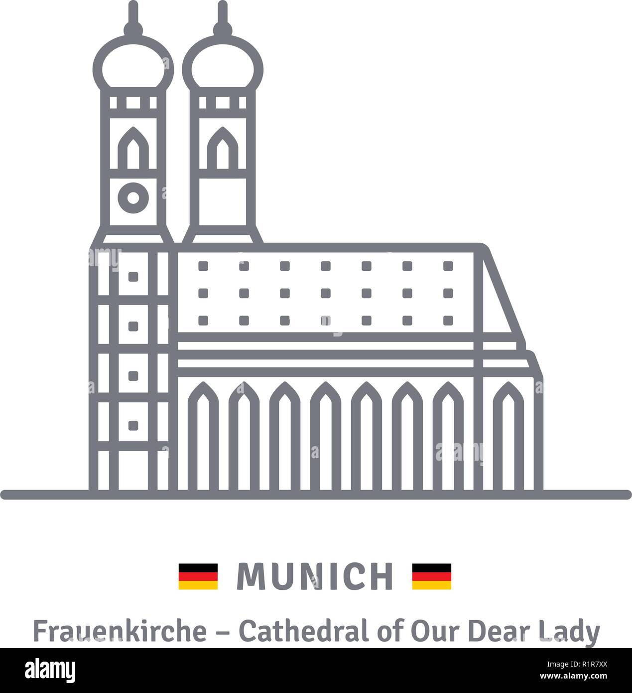 Deutschland referenzmarkenlinie Symbol. München Frauenkirche und Deutsche Flagge Vector Illustration. Stock Vektor