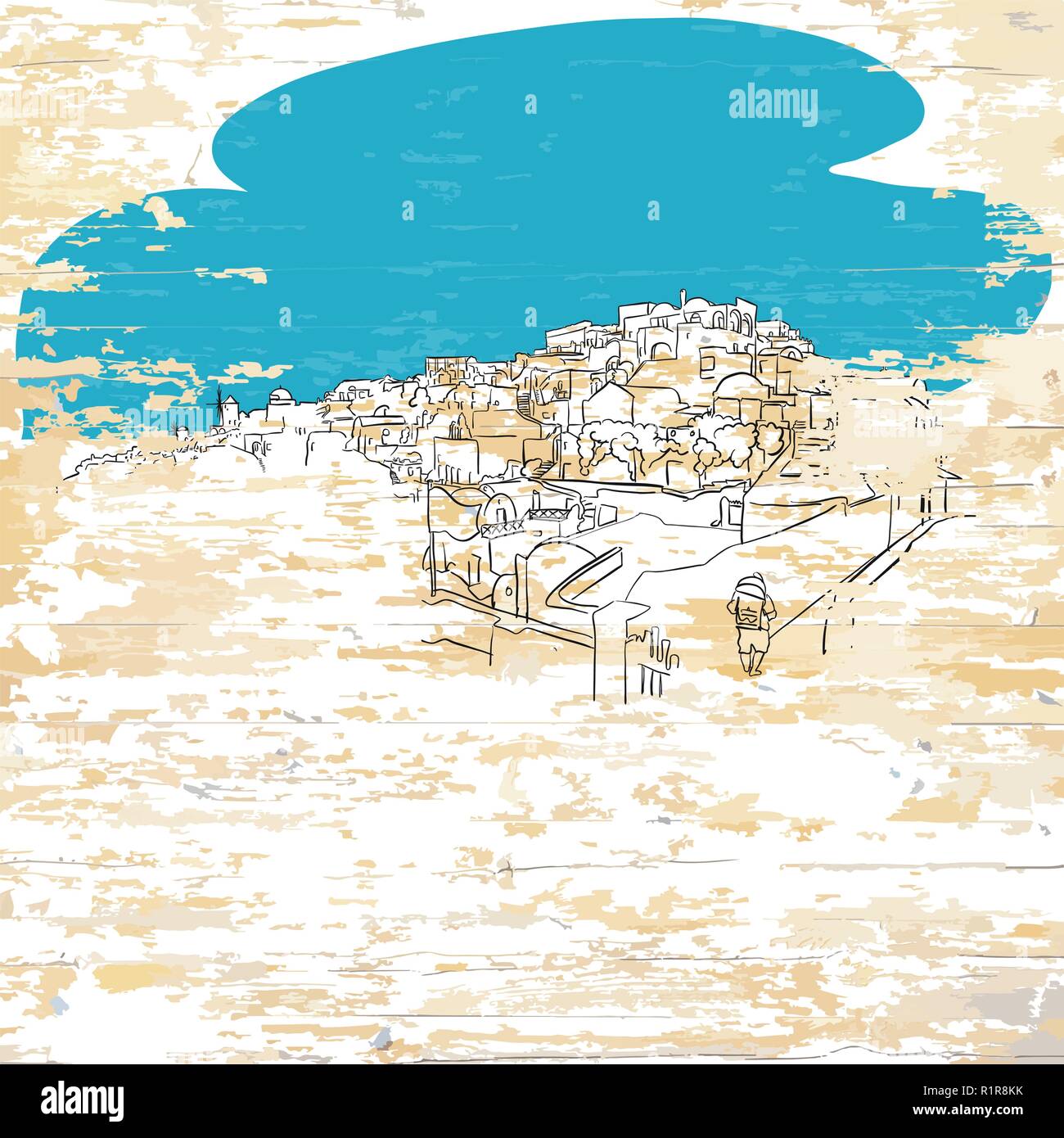Santorini Zeichnung auf Holz- Hintergrund. Handgezeichneten vector vintage Abbildung. Stock Vektor