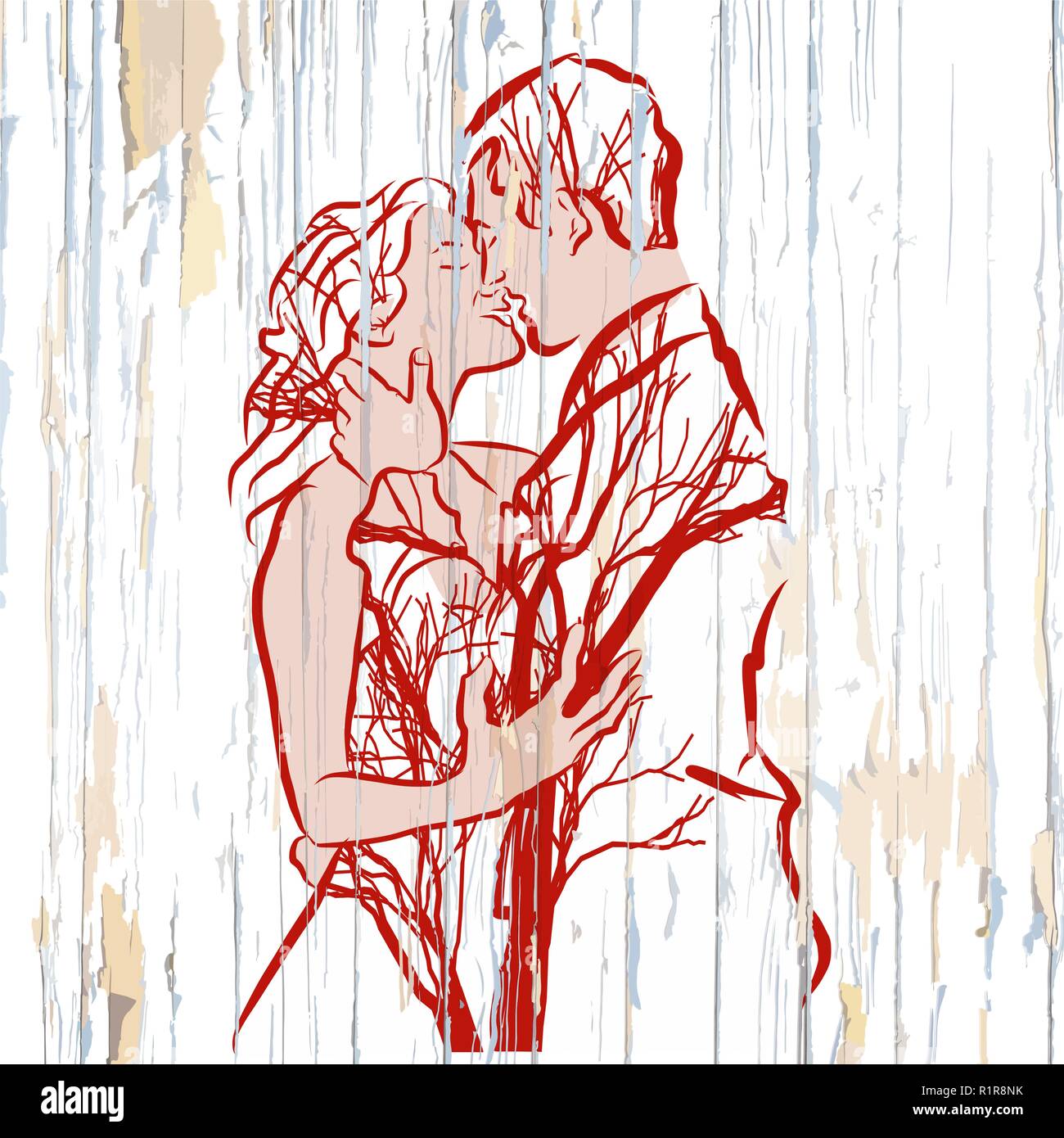Vintage küssen paar mit Bäumen auf Holz. Handgezeichneten vector vintage Abbildung. Stock Vektor