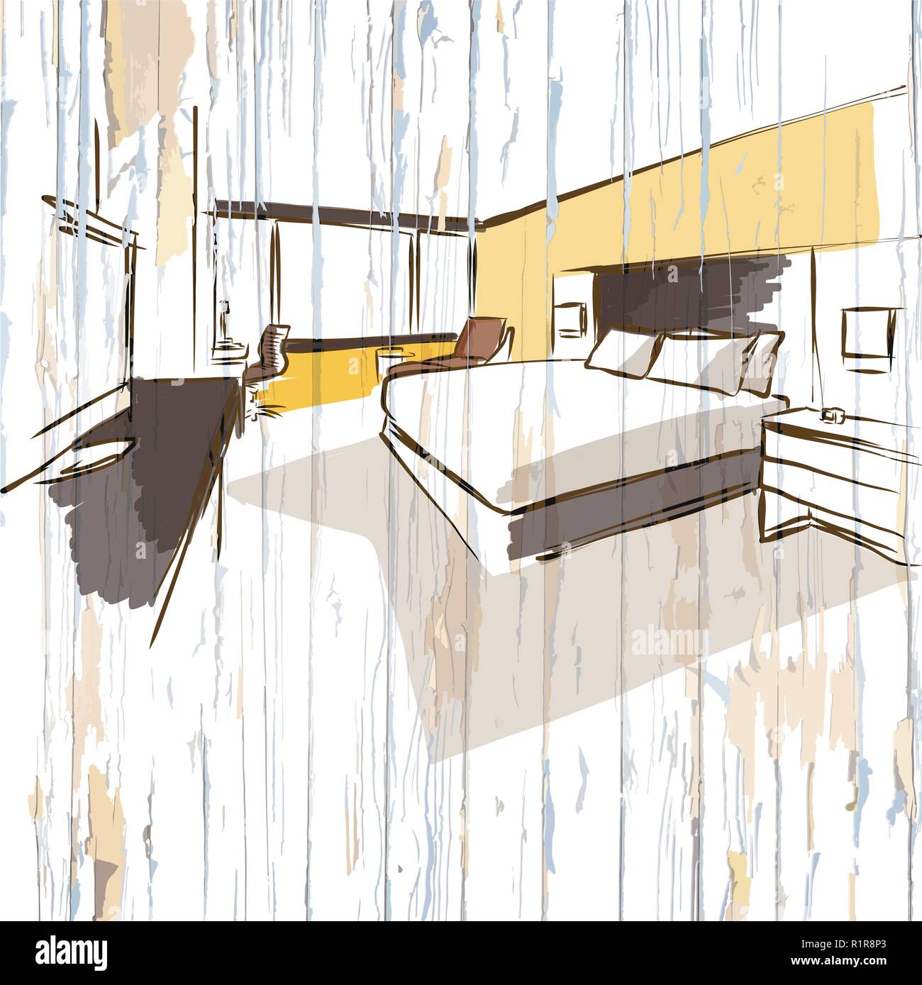Hotel Zimmer Zeichnung auf Holz- Hintergrund. Handgezeichneten vector vintage Abbildung. Stock Vektor
