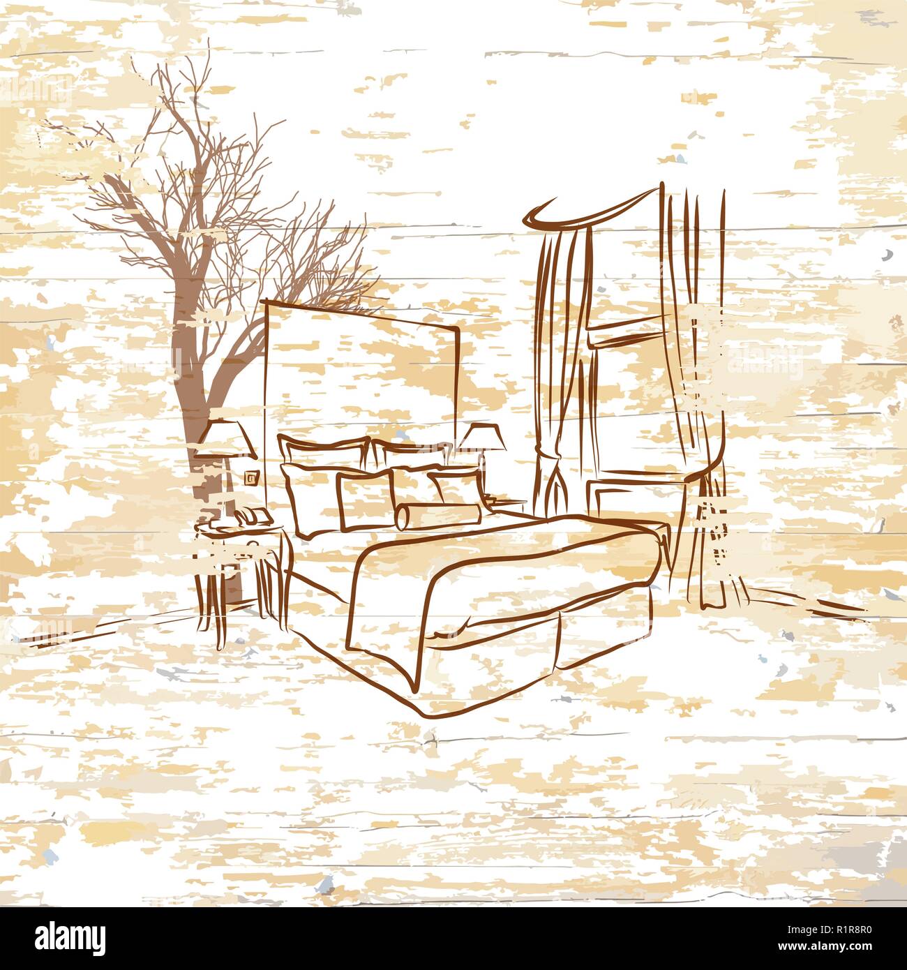 Vintage Hotel Zimmer auf Holz- Hintergrund. Handgezeichneten vector vintage Abbildung. Stock Vektor
