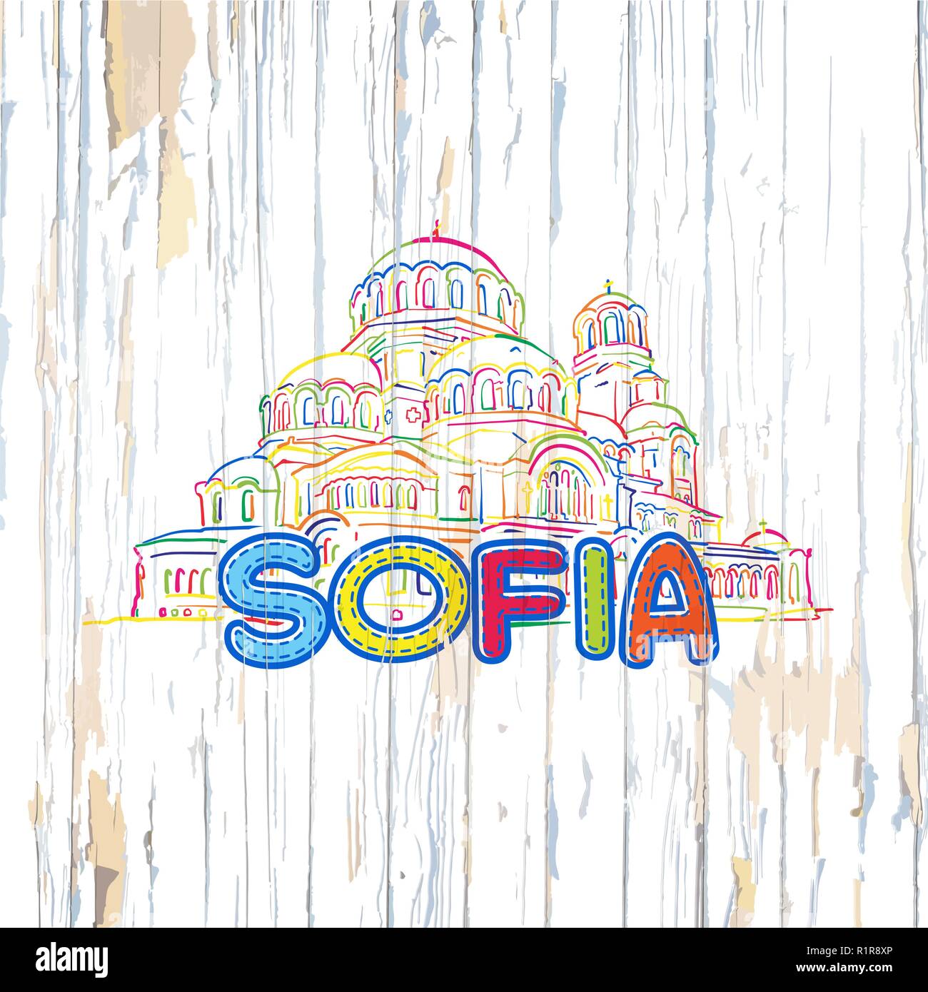 Bunte Sofia Zeichnung auf Holz- Hintergrund. Hand Vector Illustration gezeichnet. Stock Vektor