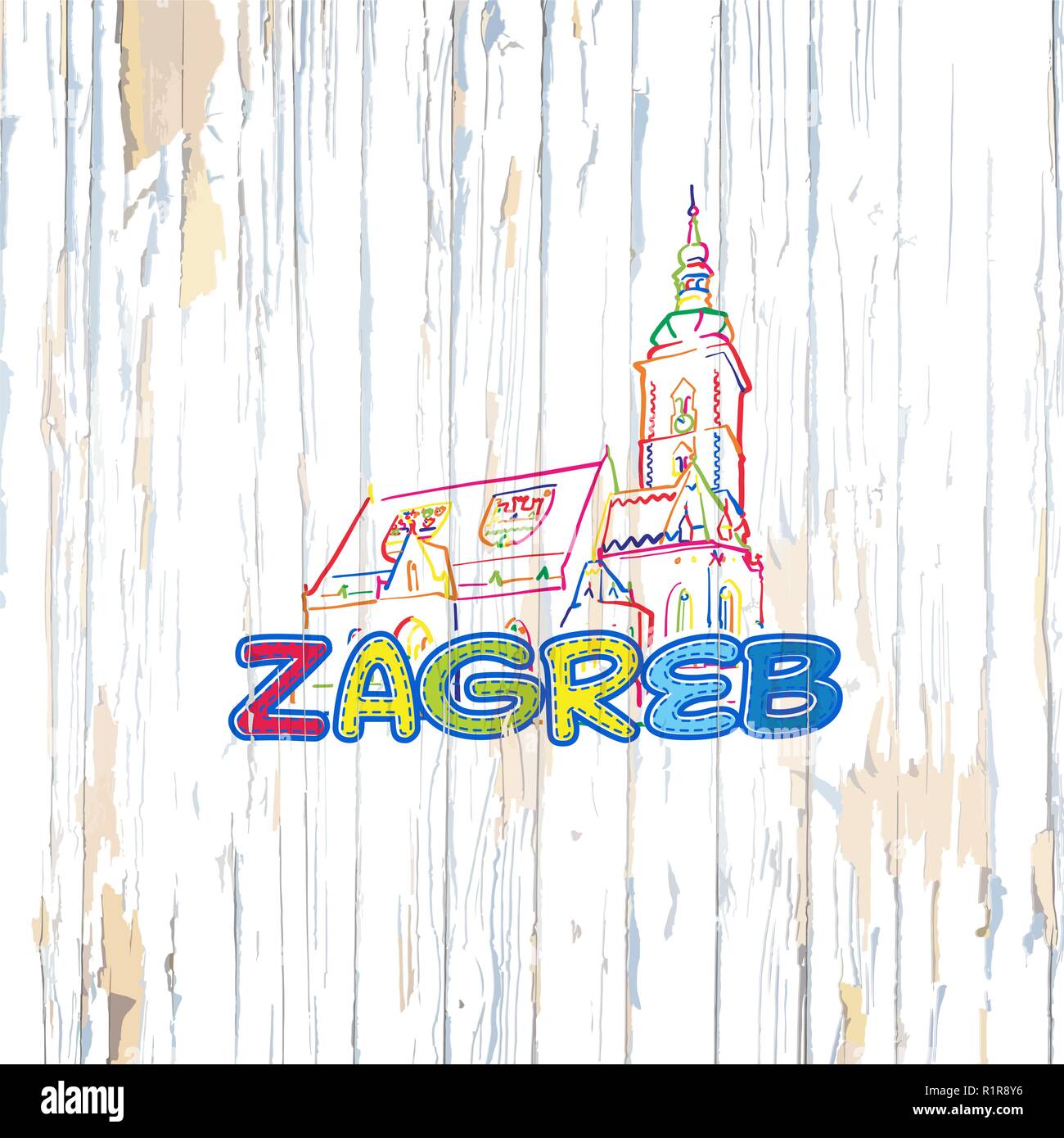 Bunte Zagreb Zeichnung auf Holz- Hintergrund. Hand Vector Illustration gezeichnet. Stock Vektor
