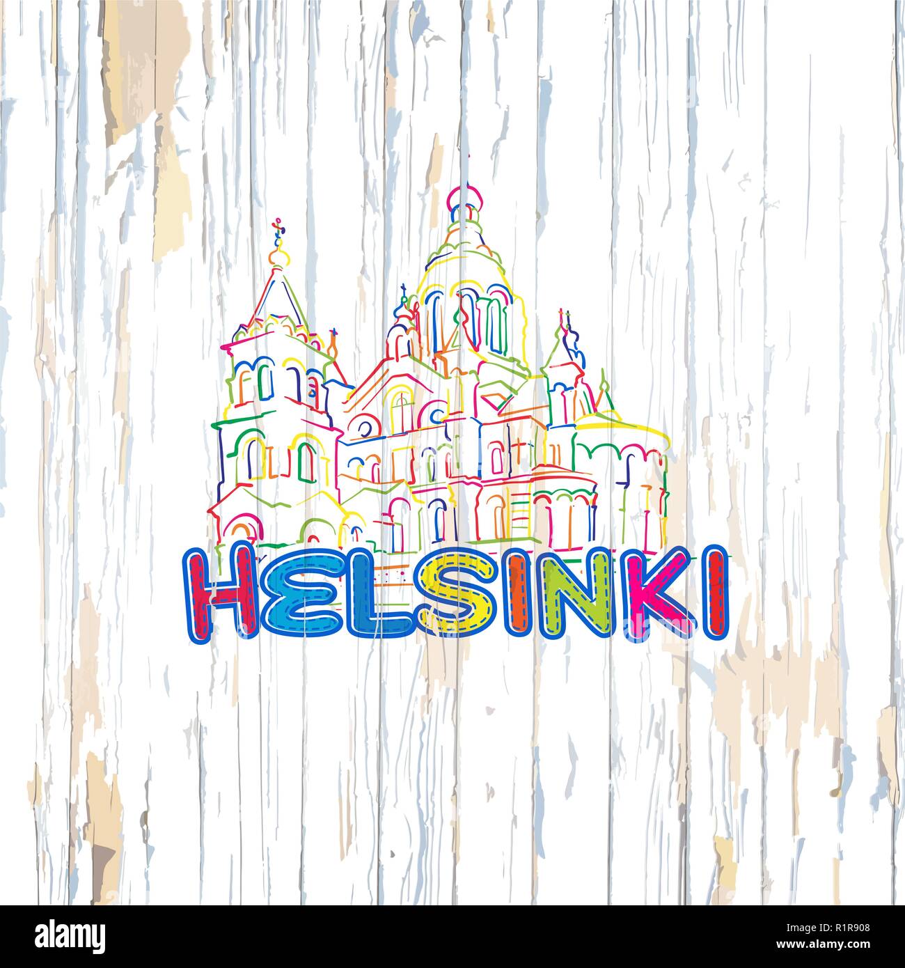 Bunte Helsinki Zeichnung auf Holz- Hintergrund. Hand Vector Illustration gezeichnet. Stock Vektor