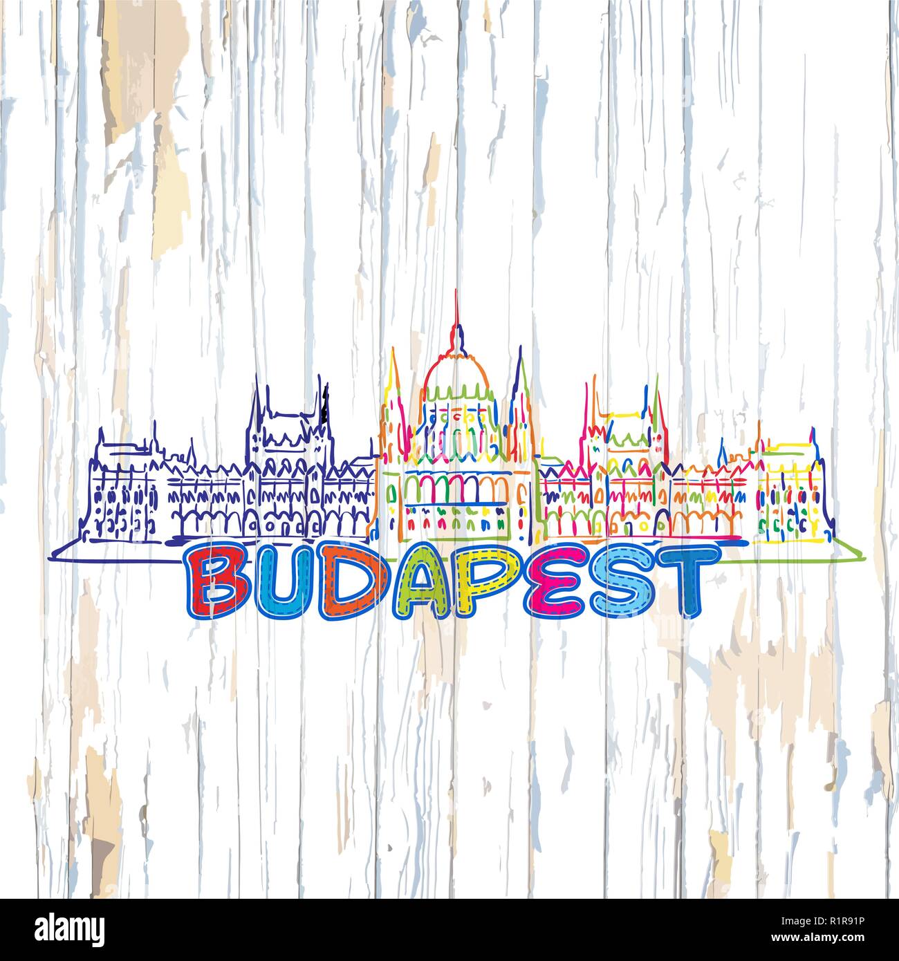 Bunte Budapest Zeichnung auf Holz- Hintergrund. Hand Vector Illustration gezeichnet. Stock Vektor
