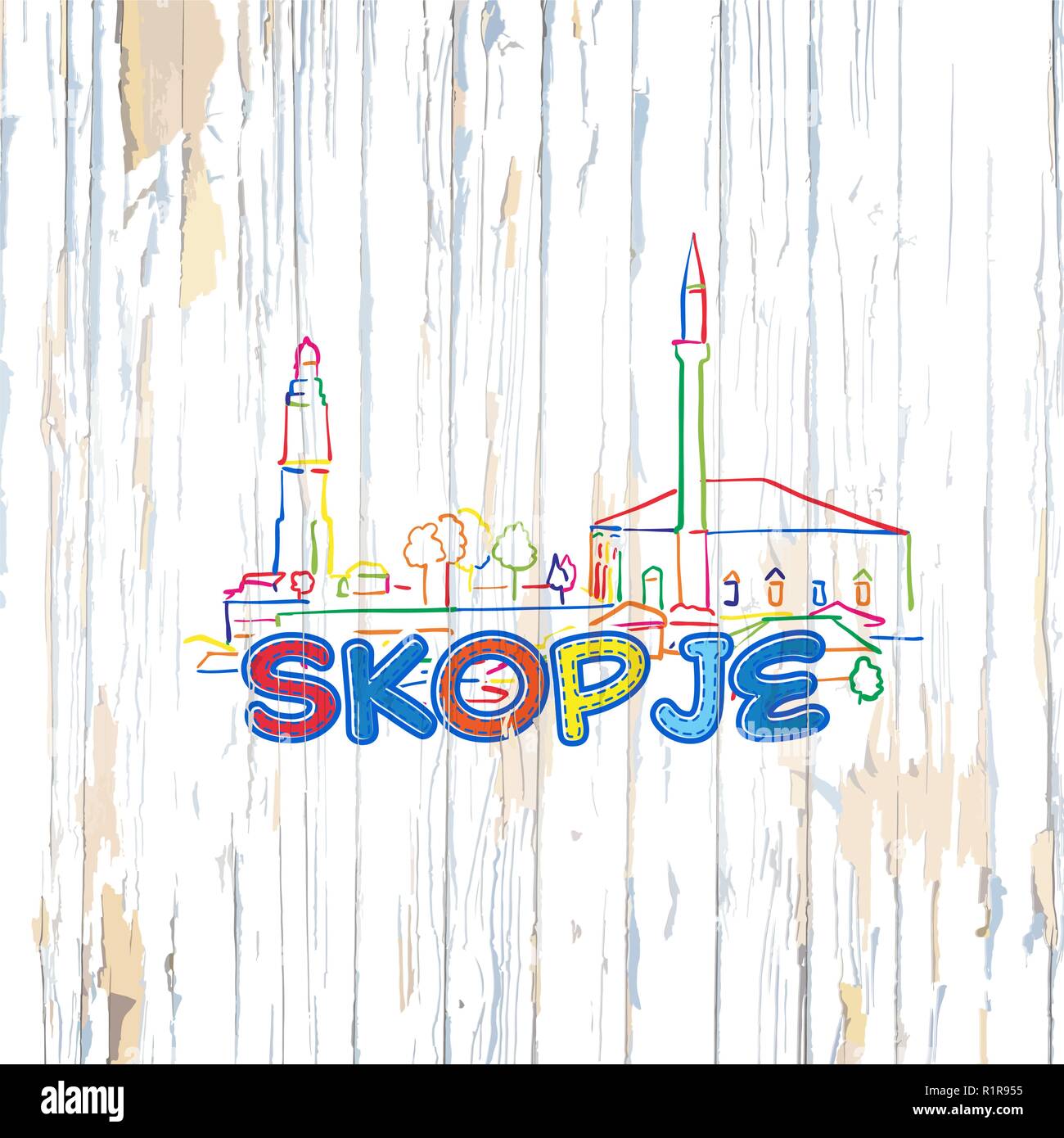 Bunte Skopje Zeichnung auf Holz- Hintergrund. Hand Vector Illustration gezeichnet. Stock Vektor