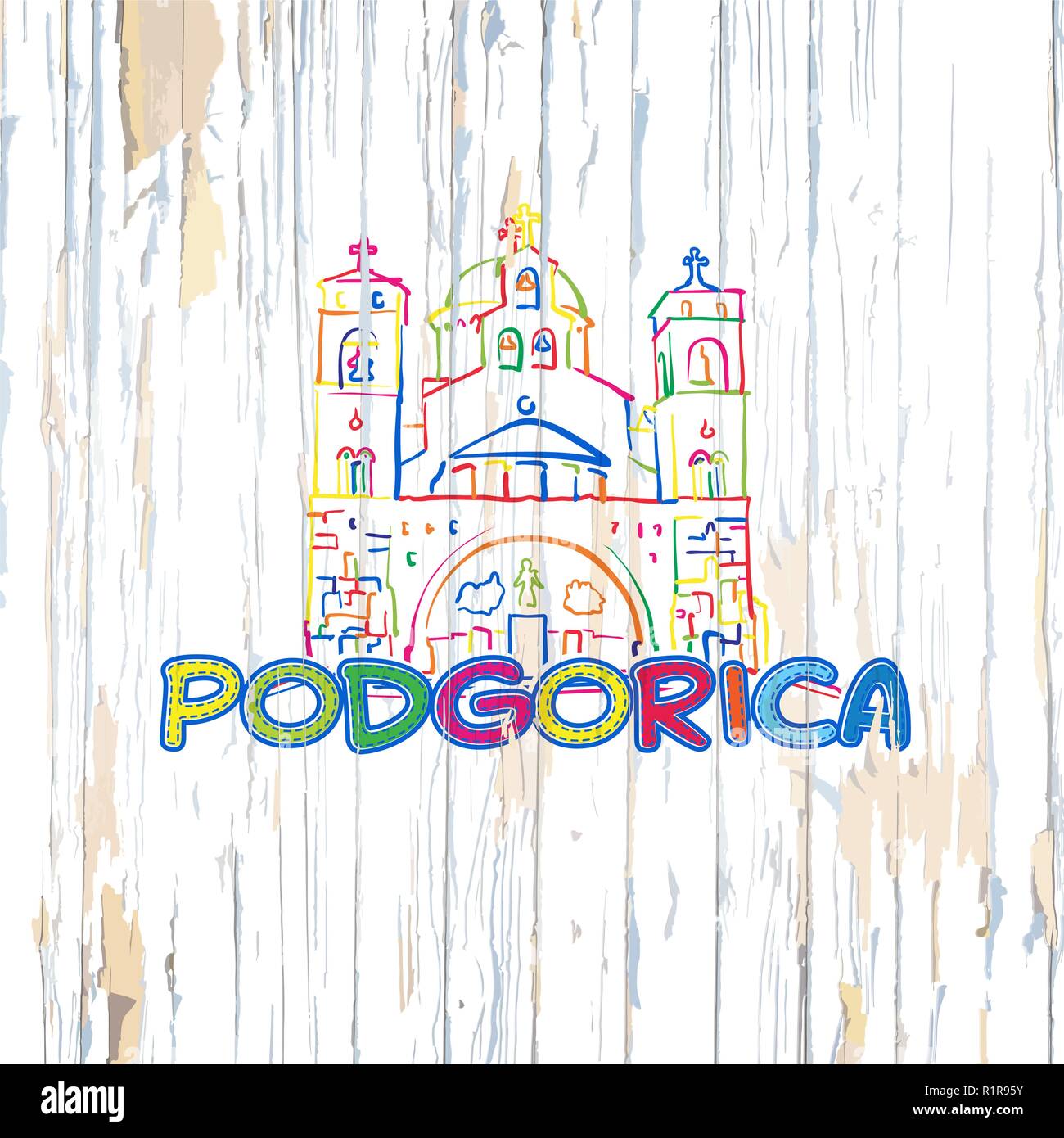 Bunte Podgorica Zeichnung auf Holz- Hintergrund. Hand Vector Illustration gezeichnet. Stock Vektor