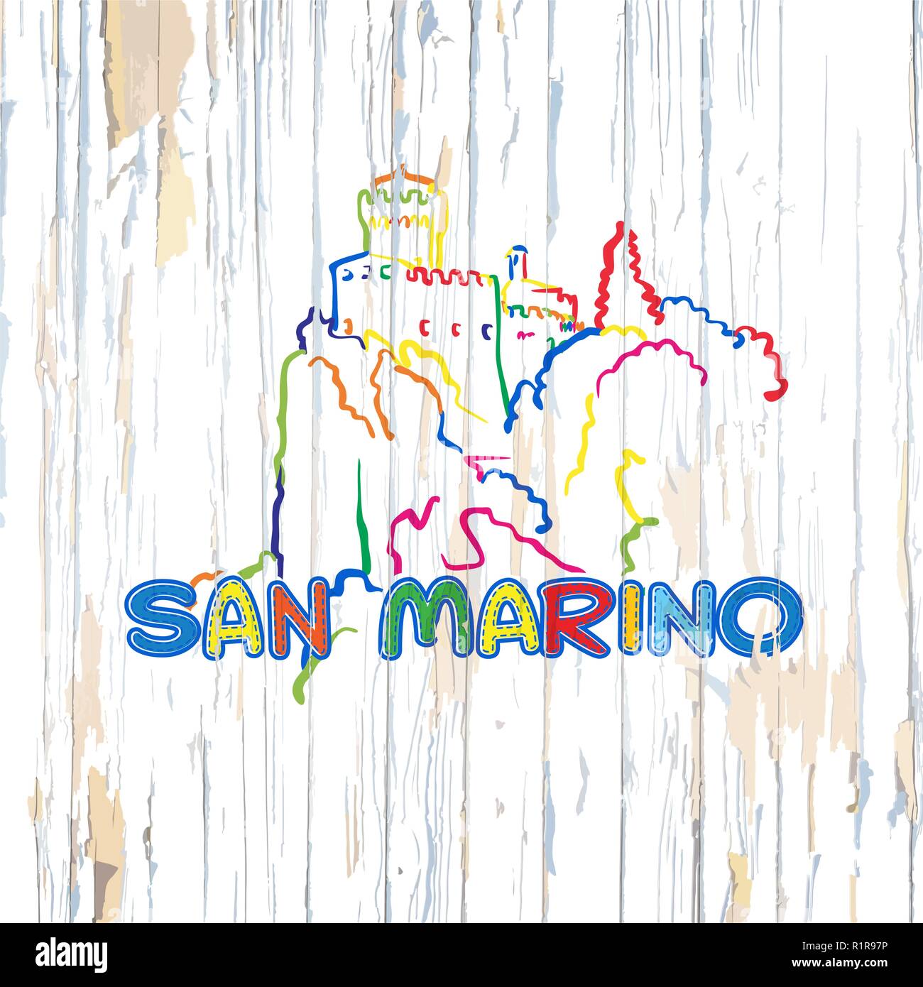 Bunte San Marino Zeichnung auf Holz- Hintergrund. Hand Vector Illustration gezeichnet. Stock Vektor