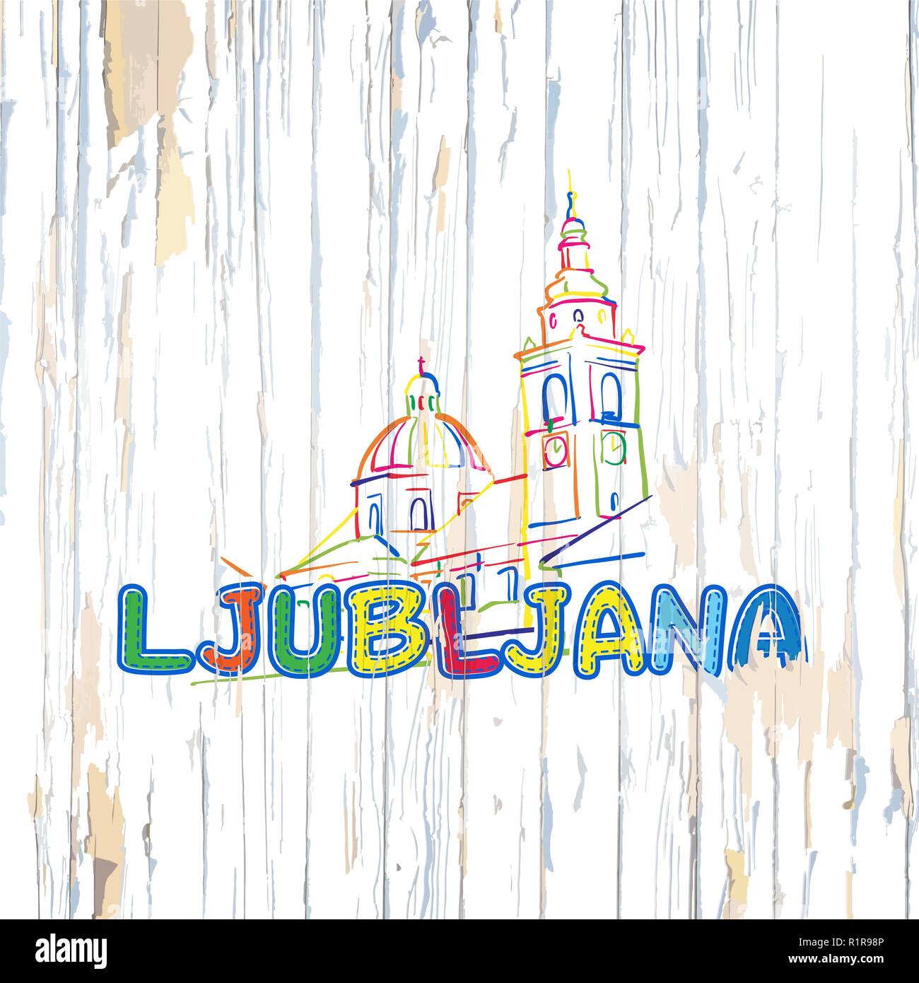 Bunte Ljubljana Zeichnung auf Holz- Hintergrund. Hand Vector Illustration gezeichnet. Stock Vektor