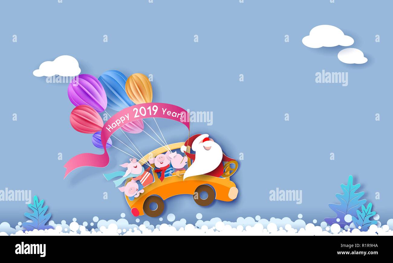 Frohes Neues Jahr 2019 design Karte mit Santa Claus und kleine Schweine gelben Bus Fahren auf Schnee mit blauer Himmel. Vektor Papier art Illustration. Papier geschnitten und Handwerk Stil. Stock Vektor