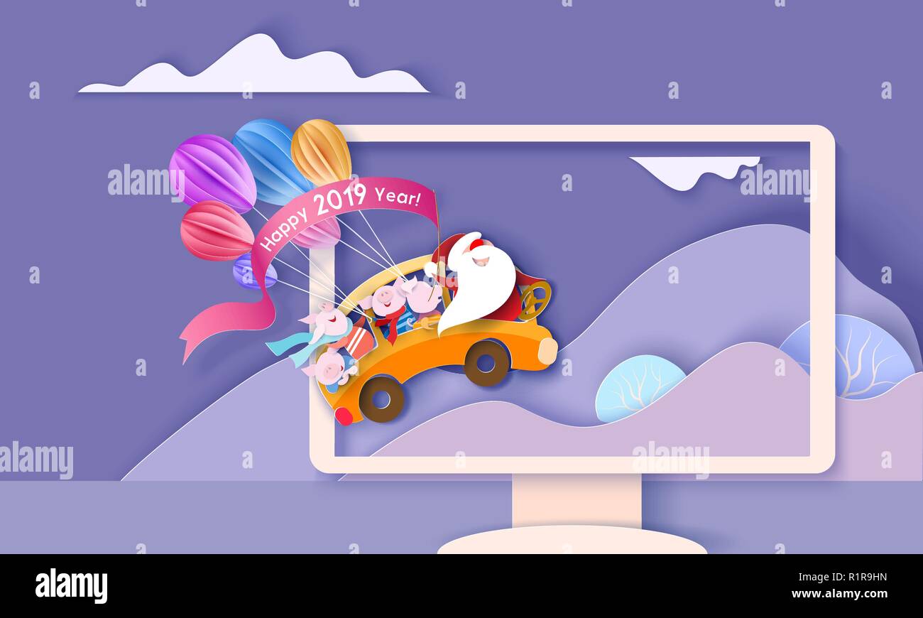 Frohes Neues Jahr 2019 design Karte mit Santa Claus und kleine Schweine fahren gelben Bus in Monitor mit Bergen. Papier schneiden Stil. Vector Illustration Stock Vektor