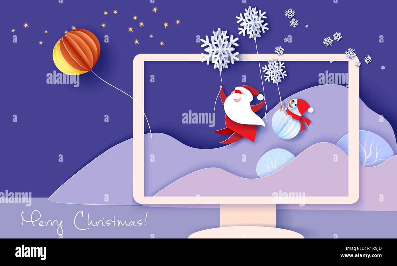 Frohe Weihnachten design Karte mit Santa Claus, Schneemann fliegen mit Schneeflocken in der Nacht mit Mond Ballon in Monitor mit Bergen. Papier schneiden Stil. Vector Illustration Stock Vektor