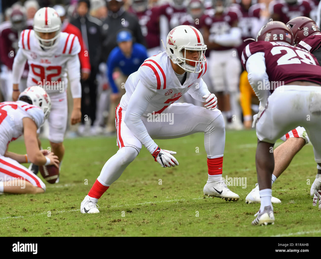 College Station, TX, USA. 10 Nov, 2018. Ole Fräulein tight end, Jason Pellerin (7), während der NCAA Football Spiel zwischen der Texas A&M Aggies und die Ole Miss Rebels, in College Station, TX. (Absolut komplette Fotograf & Company Credit: Joseph Calomeni/MarinMedia.org/Cal Sport Media) Credit: Csm/Alamy leben Nachrichten Stockfoto