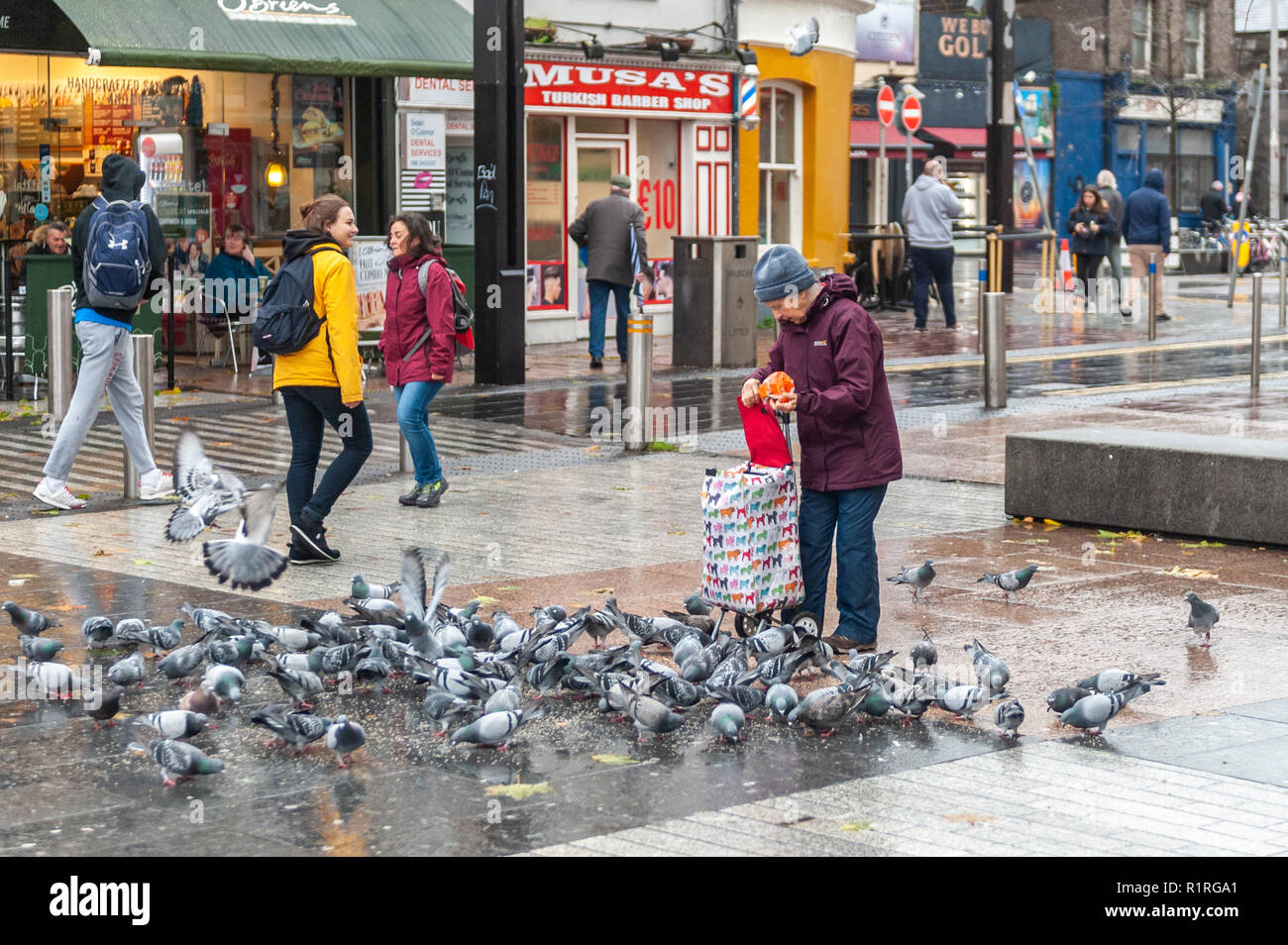 Cork, Irland. 14 Nov, 2018. Eine Frau füttert die Tauben in Entmutigen Square, Cork City, während einer Periode sehr nassem Wetter. Es werden keine oben lassen, mit mehr vom Gleichen Prognose für morgen. Credit: Andy Gibson/Alamy Leben Nachrichten. Stockfoto
