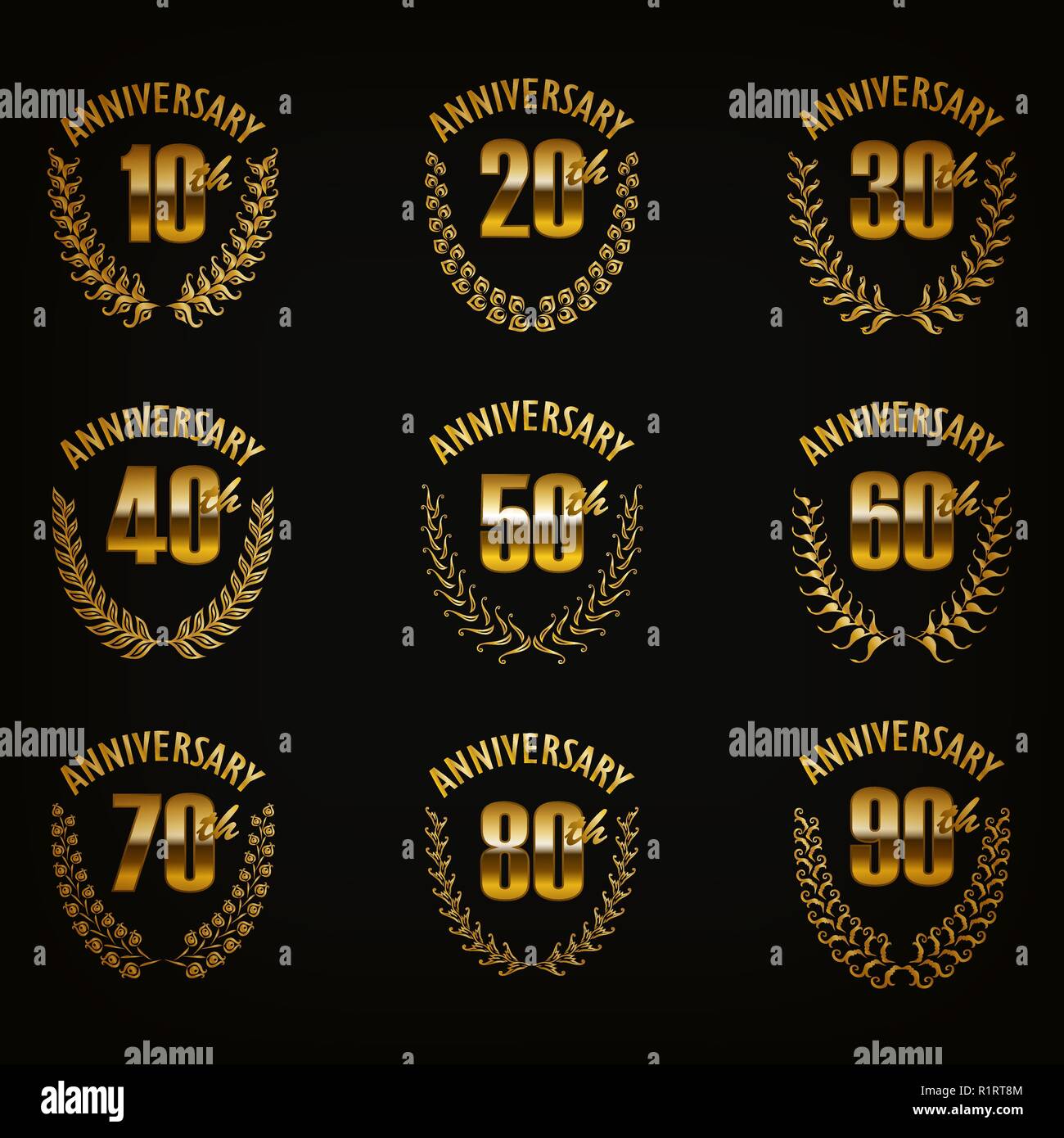 Satz von Gold Jubiläum Abzeichen mit Laurel Kränze, zahlen. Dekorative Embleme des Jubiläums auf schwarzem Hintergrund. Filigrane Elemente, Rahmen, Grenzen, ic Stock Vektor