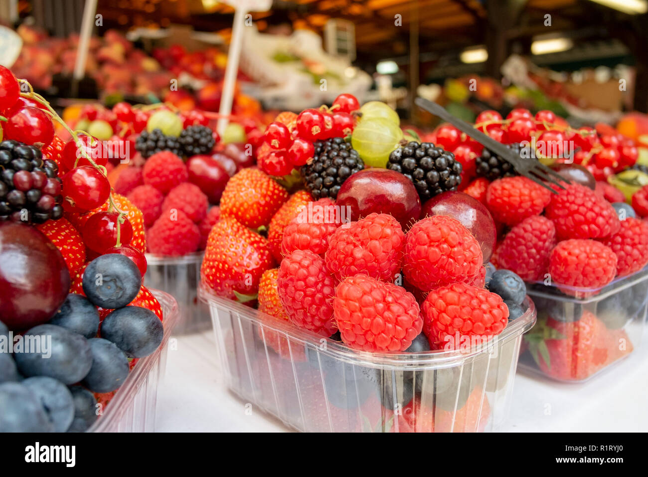 Körbe mit frischen Früchten, Beeren, Erdbeeren, Himbeeren, Weintrauben, Brombeeren auf Verkauf am Marktstand. Close up Food Fotografie Stockfoto