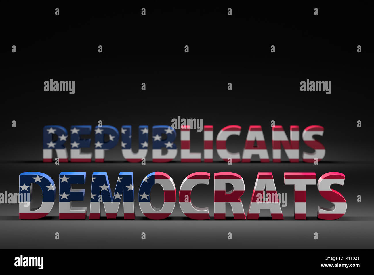 3D-Render der Demokraten gegen Republikaner Worte mit überlagertem Amerikanische Flagge Stockfoto