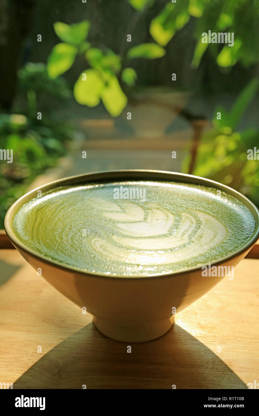 Tasse heißen japanischen Matcha grüner Tee mit Latte Art im Sonnenlicht, Verschwommene grüne Pflanzen im Hintergrund Stockfoto