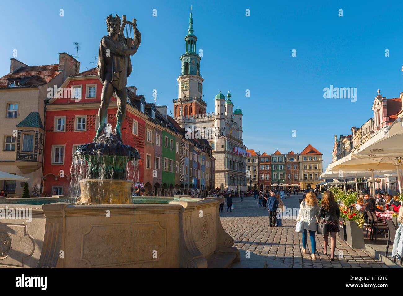 Poznan, Polen, Blick über den Marktplatz (Stary Rynek) in Posen mit dem Apollo Brunnen (links) und der Renaissance Rathaus in der Ferne, Polen Stockfoto