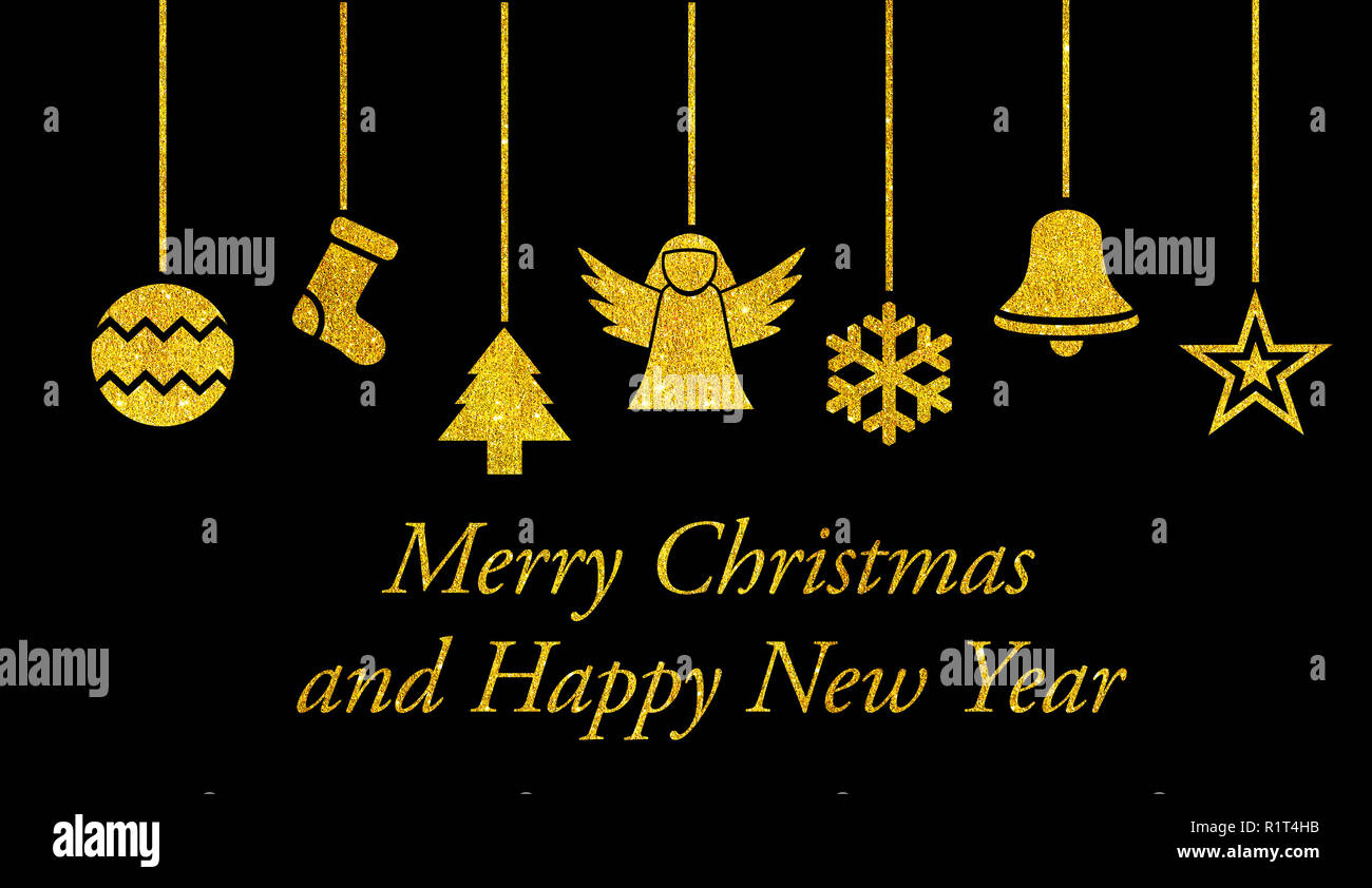 Golden Christmas Ornaments - Frohe Weihnachten und ein glückliches neues Jahr Stockfoto