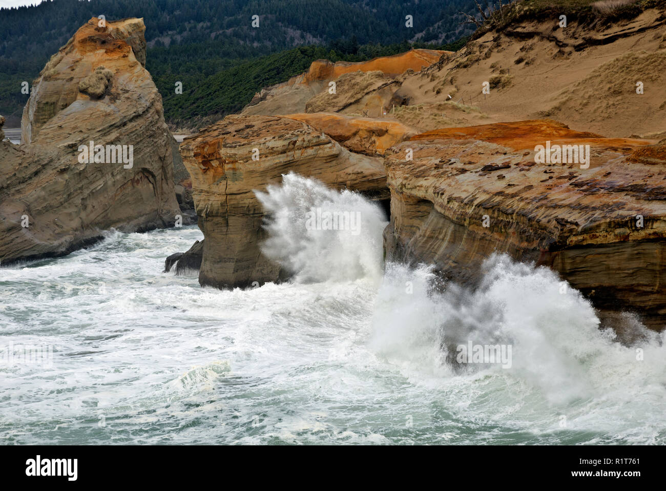 Oder 02377-00 ... OREGON - Wellen gegen bunten Sandsteinfelsen am Cape Kiwanda State Park. Stockfoto