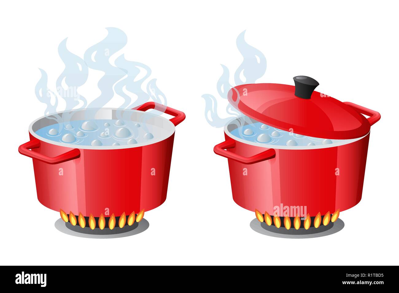Set rot Pfannen mit kochendem Wasser, geöffnet und geschlossen Topf Deckel Stock Vektor