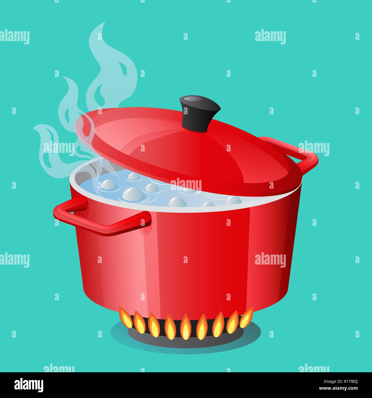 Rote Pfanne, Pfanne, Topf, Kasserolle, Kocher, stewpan mit kochendem Wasser und geschlossener Pfanne Deckel Vektor isoliert Kochen Symbol Stock Vektor