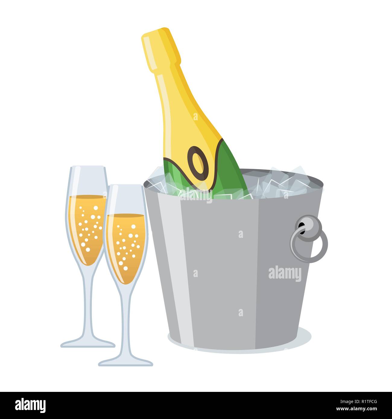 Zwei Champagner Glas und Flasche Champagner im Eiskübel Symbol im flachen Stil. Stock Vektor