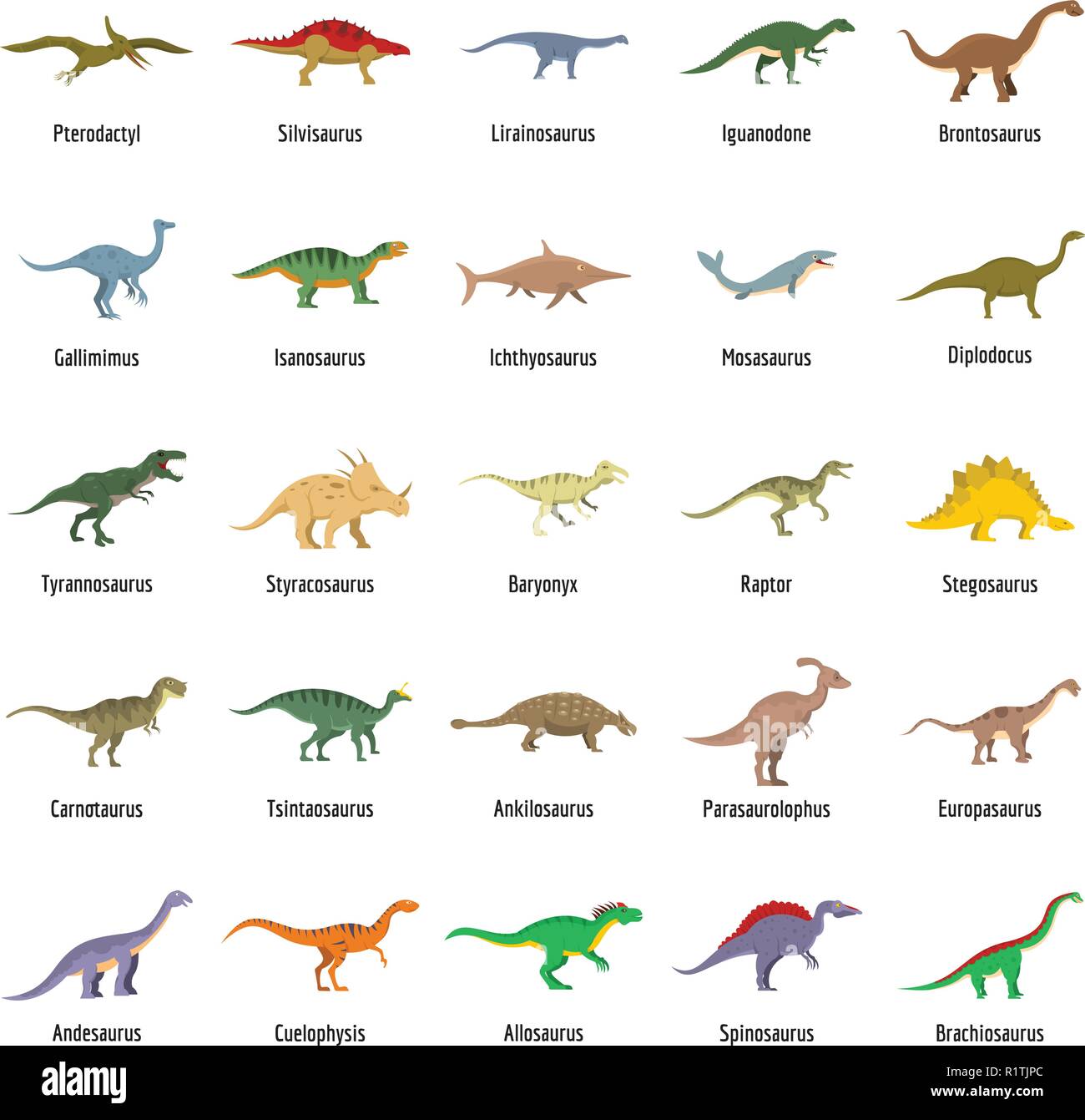 Tier Charakter Dinosaurier Vector Icons einstellen. Flache Abbildung