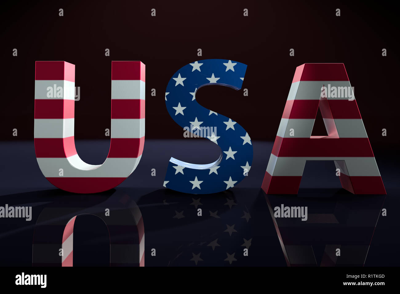 3D-Render von USA Wort mit überlagertem amerikanische Flagge Star und Streifenmuster auf schwarzem Hintergrund Stockfoto
