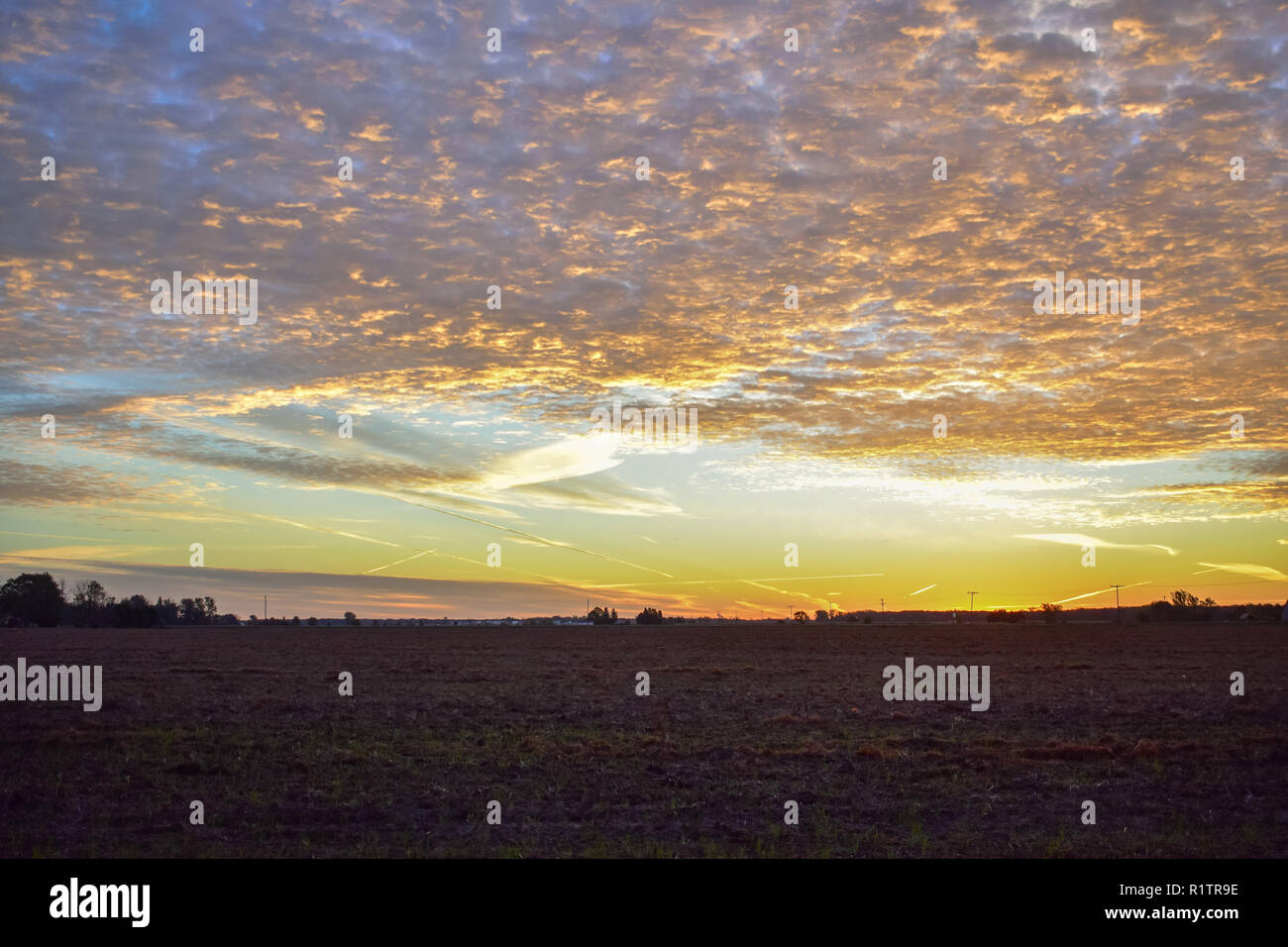 Sonnenaufgang in den ländlichen Usa. Das ist in den Minuten vor der Sonne Crest die Horizontlinie. Das weizenfeld im Vordergrund wurde geerntet. Stockfoto