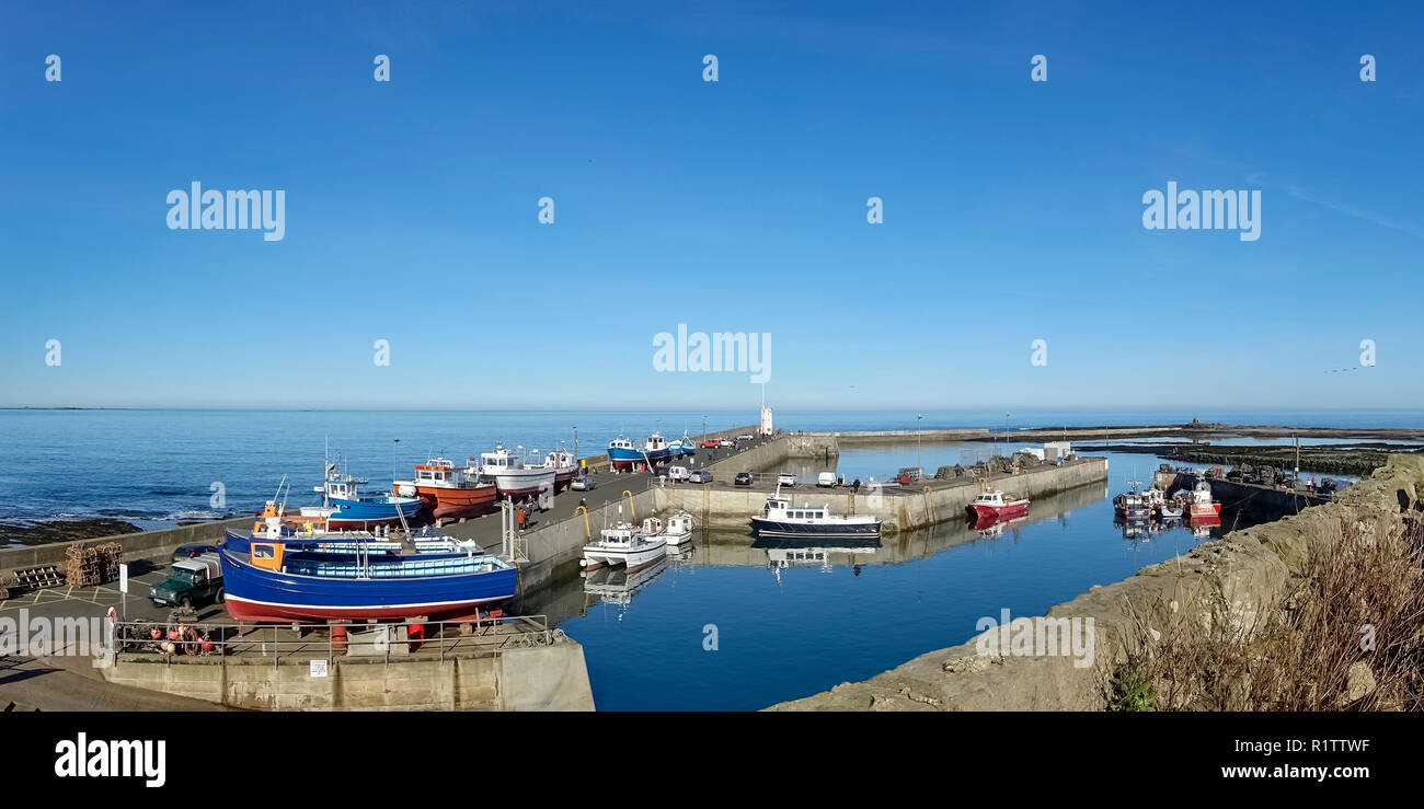 Panoramablick auf Fischerbooten in und um nevsehir Hafen, Northumberland, Großbritannien, Stockfoto
