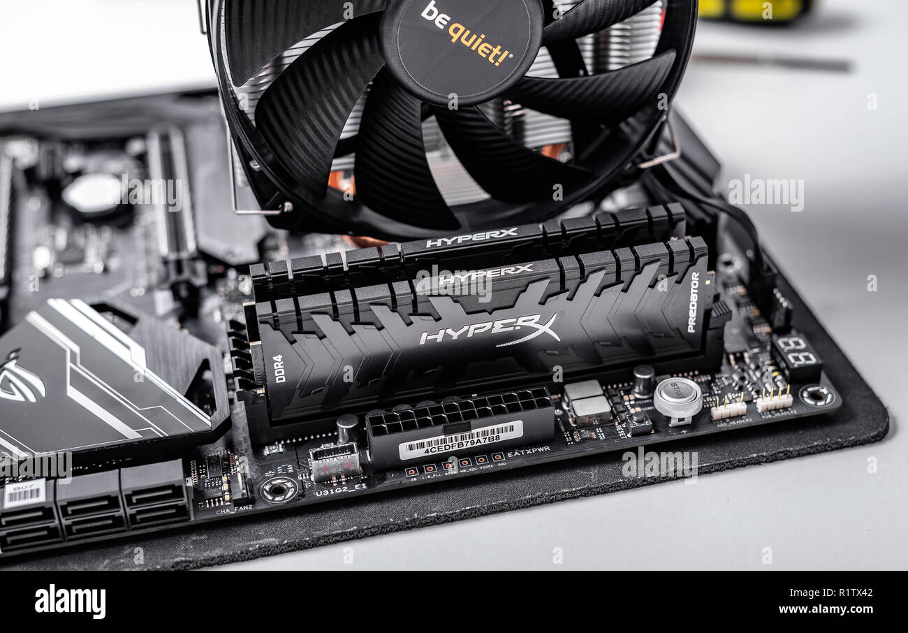 Installieren von Arbeitsspeicher in den PC. Stockfoto