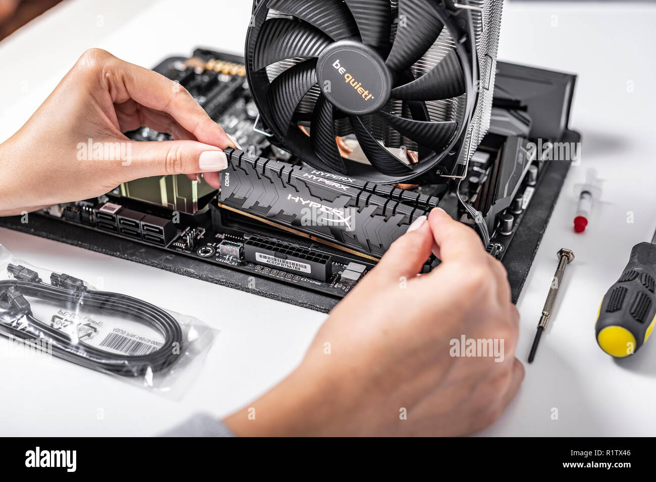 Installieren von Arbeitsspeicher in den PC. Stockfoto