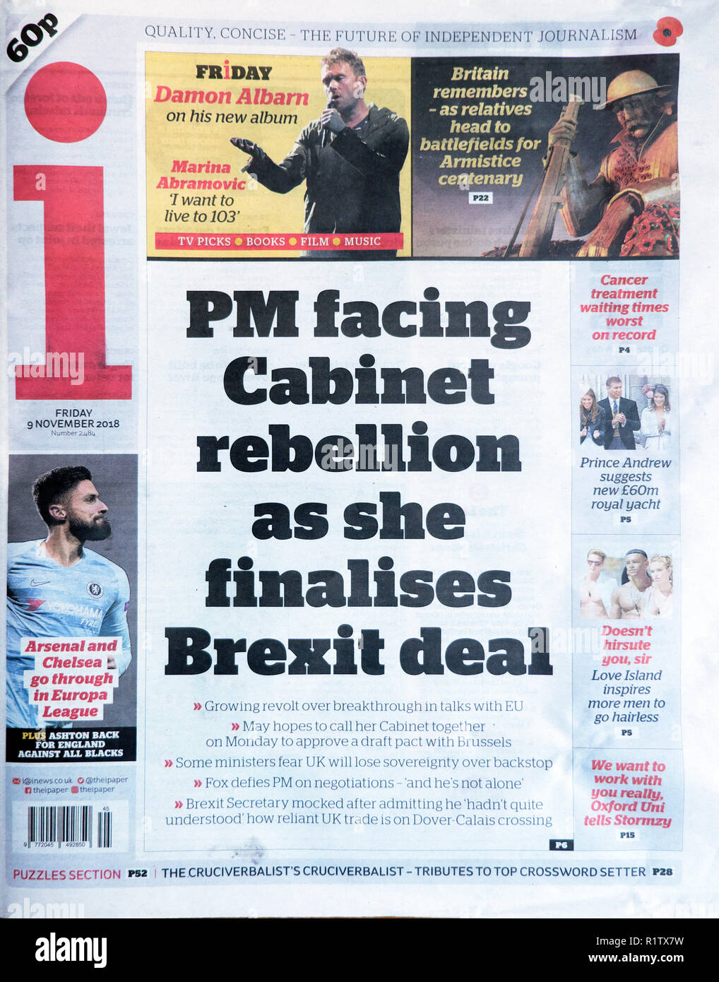 Ich Zeitung Schlagzeile "PM gegenüber Kabinett Rebellion, als sie finalisiert Brexit deal" 3. November 2018 London, Großbritannien Stockfoto