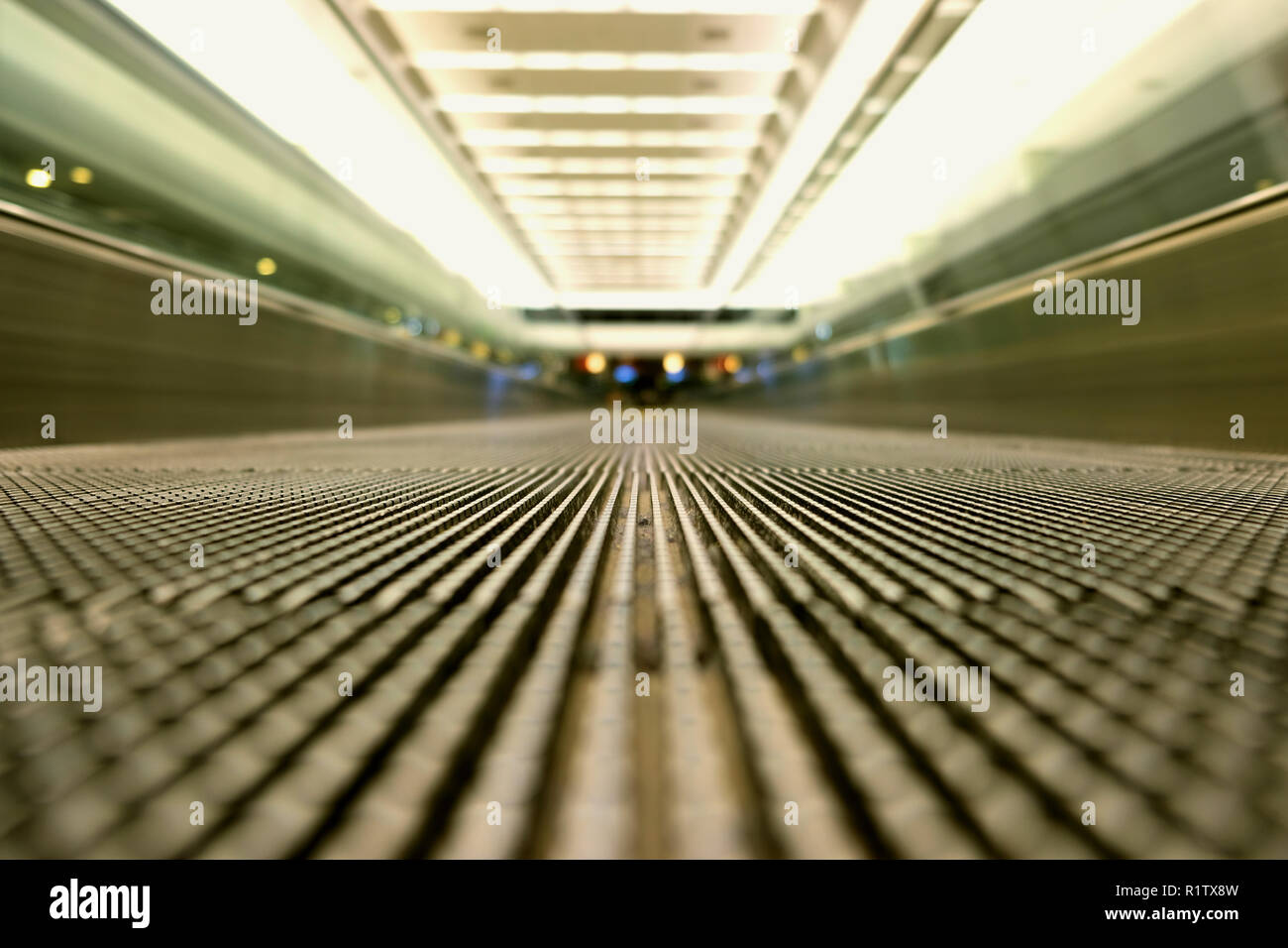 Erdgeschoss Aussicht auf eine leere Fahrsteig auf einem Flughafen; verschwinden Brennpunkt; Travelator, Skywalk, horizontale Rolltreppe; Leute Förderband. Stockfoto