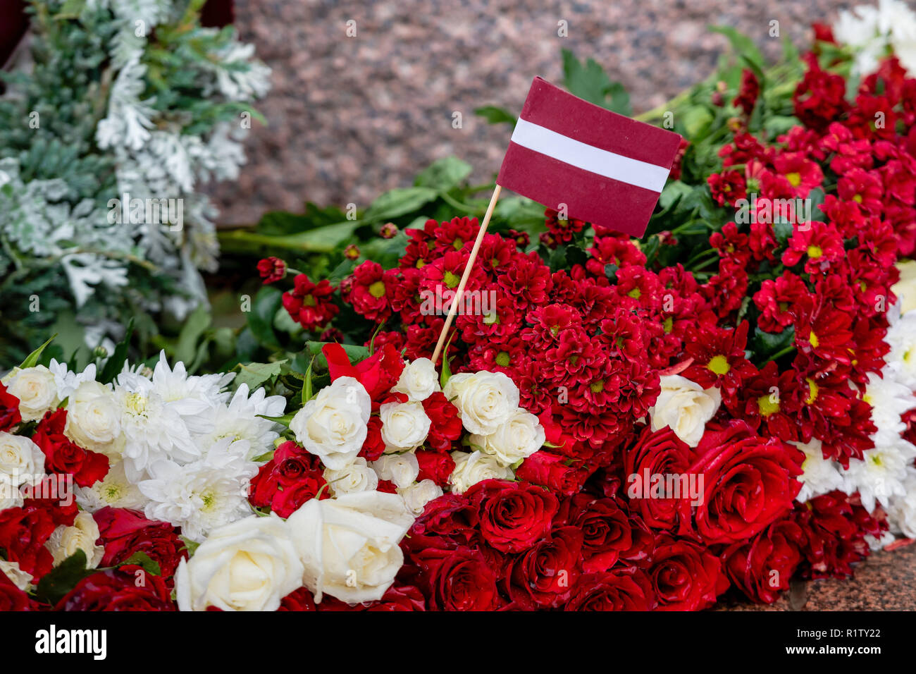 Lettland 100 Jahre. Roten und weißen Blumen Kompositionen am Freiheitsdenkmal in Riga, Lettland Stockfoto